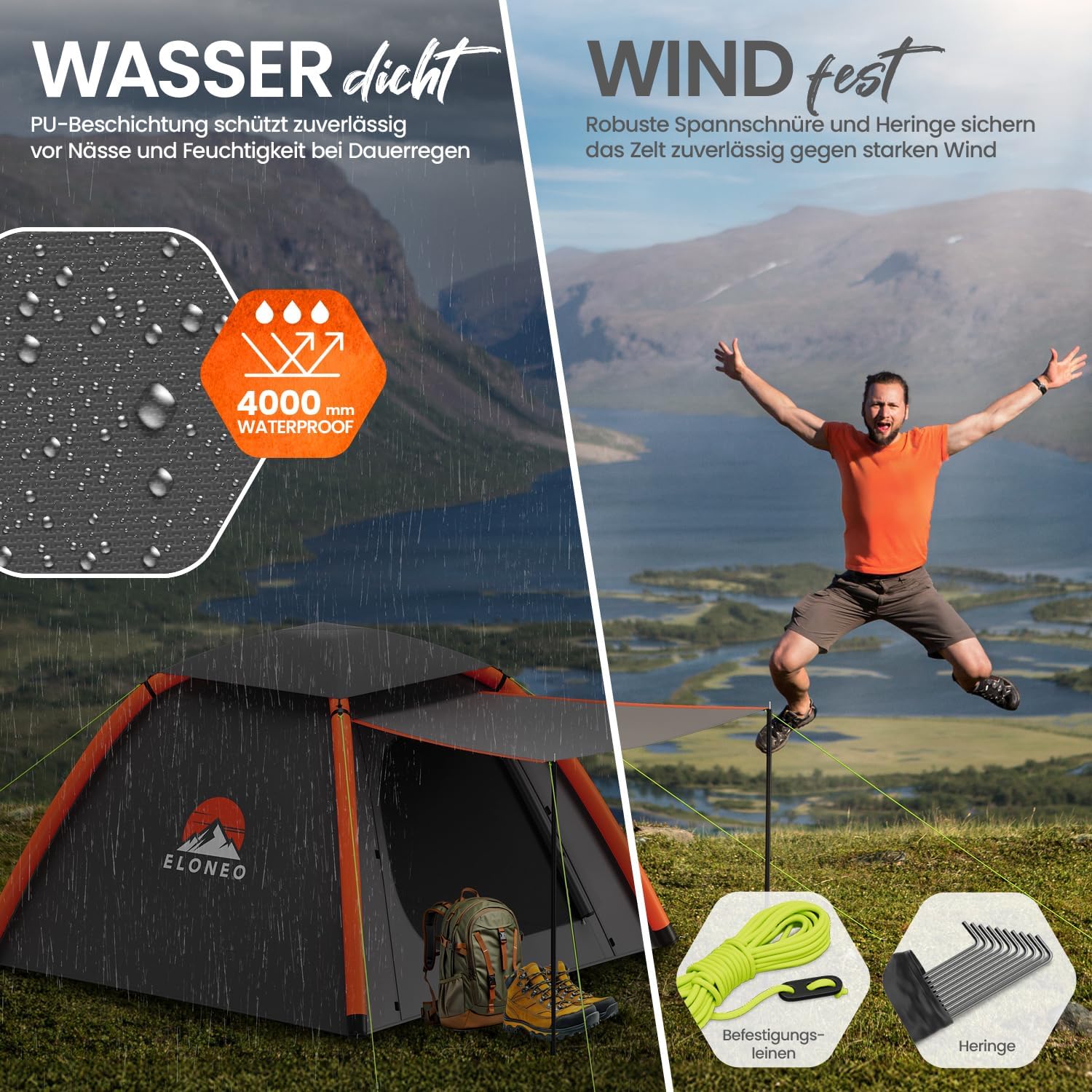 ELONEO aufblasbares Zelt für 1-4 Personen mit Vordach & Luftpumpe, Camping Zelt wasserdicht, Luftzelt Ultraleicht, Inflatable Tent, Glamping Zelt mit gratis LED Licht – Bild 5