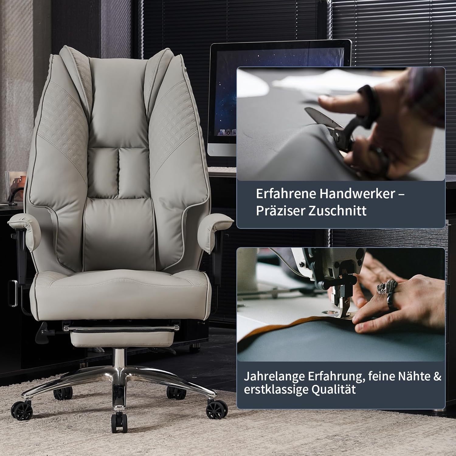 EXCEBET Chefsessel Bürostuhl Ergonomisch 200kg, Schreibtischstuhl mit Fußstütze und 14cm Taschenfederkern, Hochlehner aus Kratzfestem PU Leder, Drehstuhl mit Höhenverstellbaren Armlehnen (Hellgrau) – Bild 10