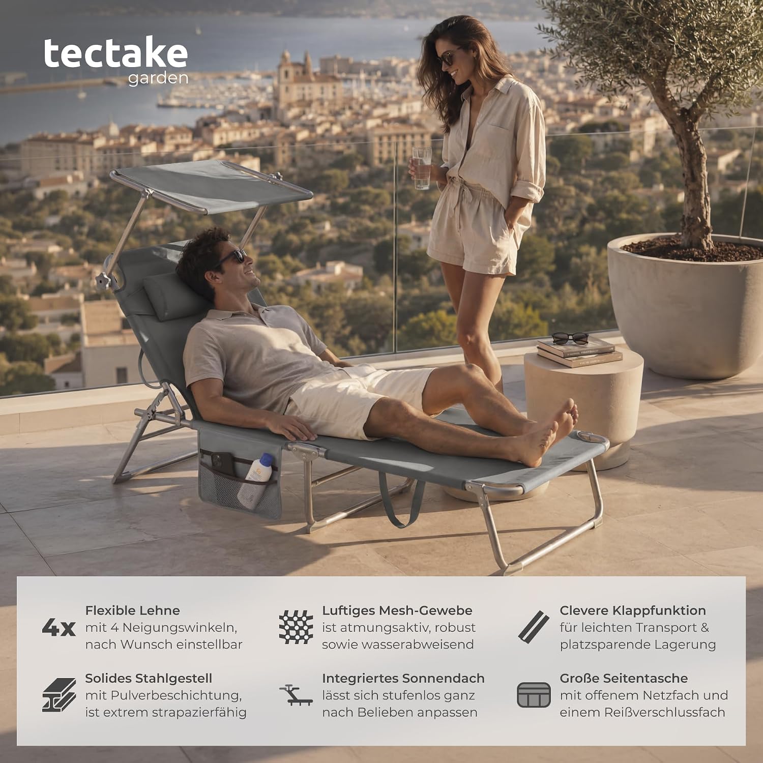 tectake® Sonnenliege klappbar, tragbar, Liege mit Seitentasche, Strandliege, Gartenliege mit Dach, Liegestuhl mit Verstellbarer Rückenlehne, inkl. Kopfkissen - für Balkon, Terrasse, Camping - grau – Bild 4