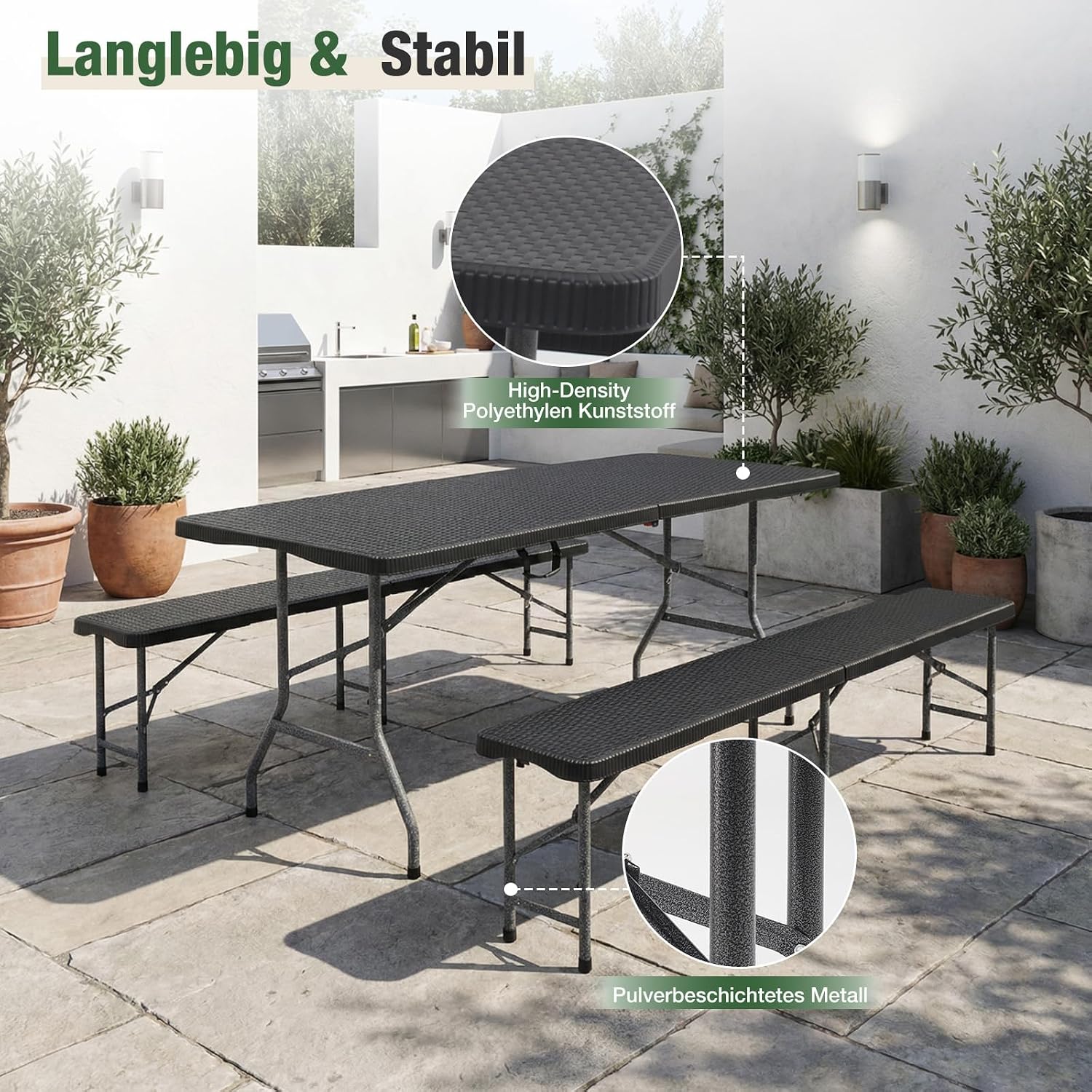 Sekey Bierzeltgarnitur Klappbar Rattan-Optik, 180x74x74cm für 8 Personen – Bild 7