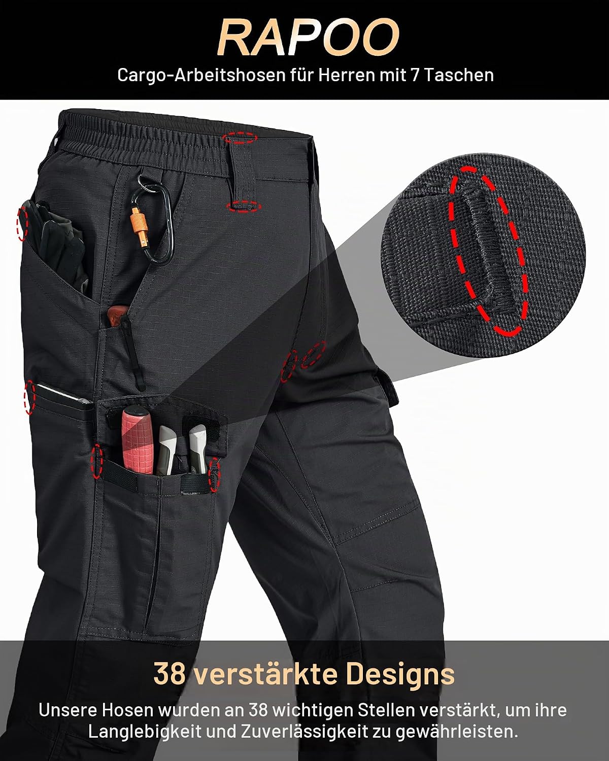Rapoo Cargohose Herren Outdoor Workwear Wanderhose Arbeitshosen Männer Ripstop Taktische Hose Sommer mit Multi Taschen – Bild 2