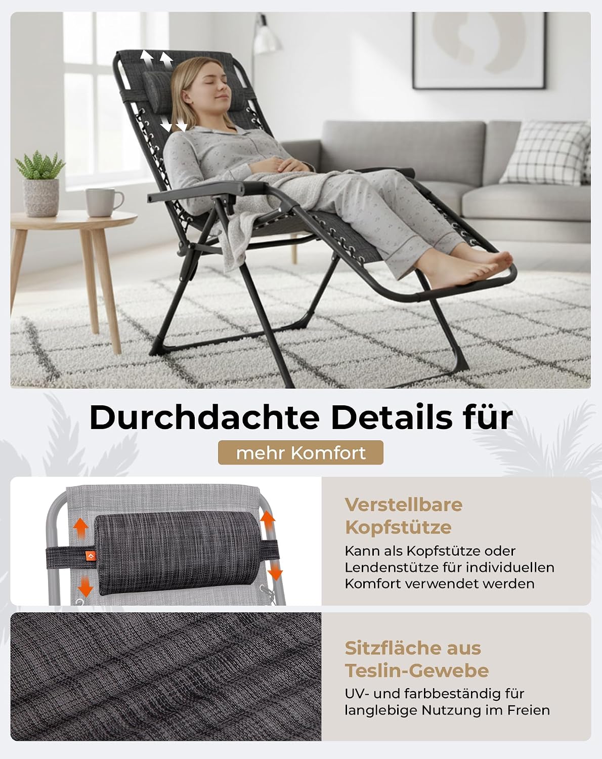 KingCamp Zero Gravity Liegestuhl Klappbar bis 180 kg, Kopfstütze, 2er Set – Bild 6