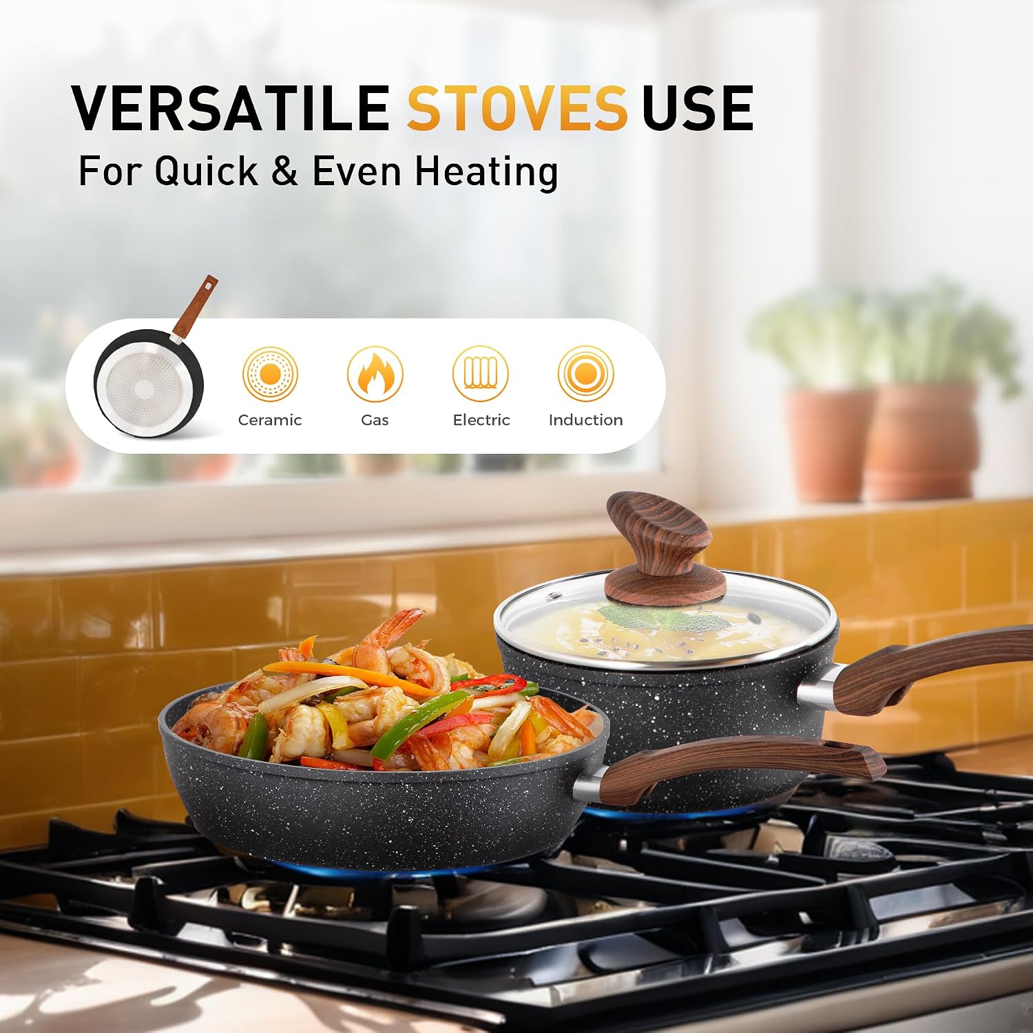 DishDelight Induktions-Kochgeschirr-Set mit Grillplatte 17-teiliges Induktions Töpfe Set Topf und Pfannenset mit Deckel Granit Antihaftbeshichtung Topfset Kochtopf – Bild 5