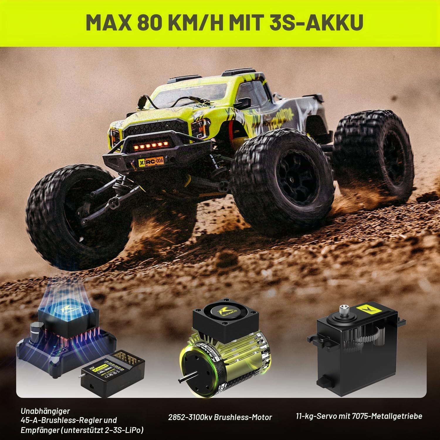 AMORIL 1/10 RTR bürstenlose schnelle RC-Autos für Erwachsene, max. 50 mph Hobby-Elektro-Offroad-Monstertruck, wasserdichtes Hochgeschwindigkeits-RC-Auto, 4WD-Fernsteuerungsauto mit 3S Lipo, Grün – Bild 2