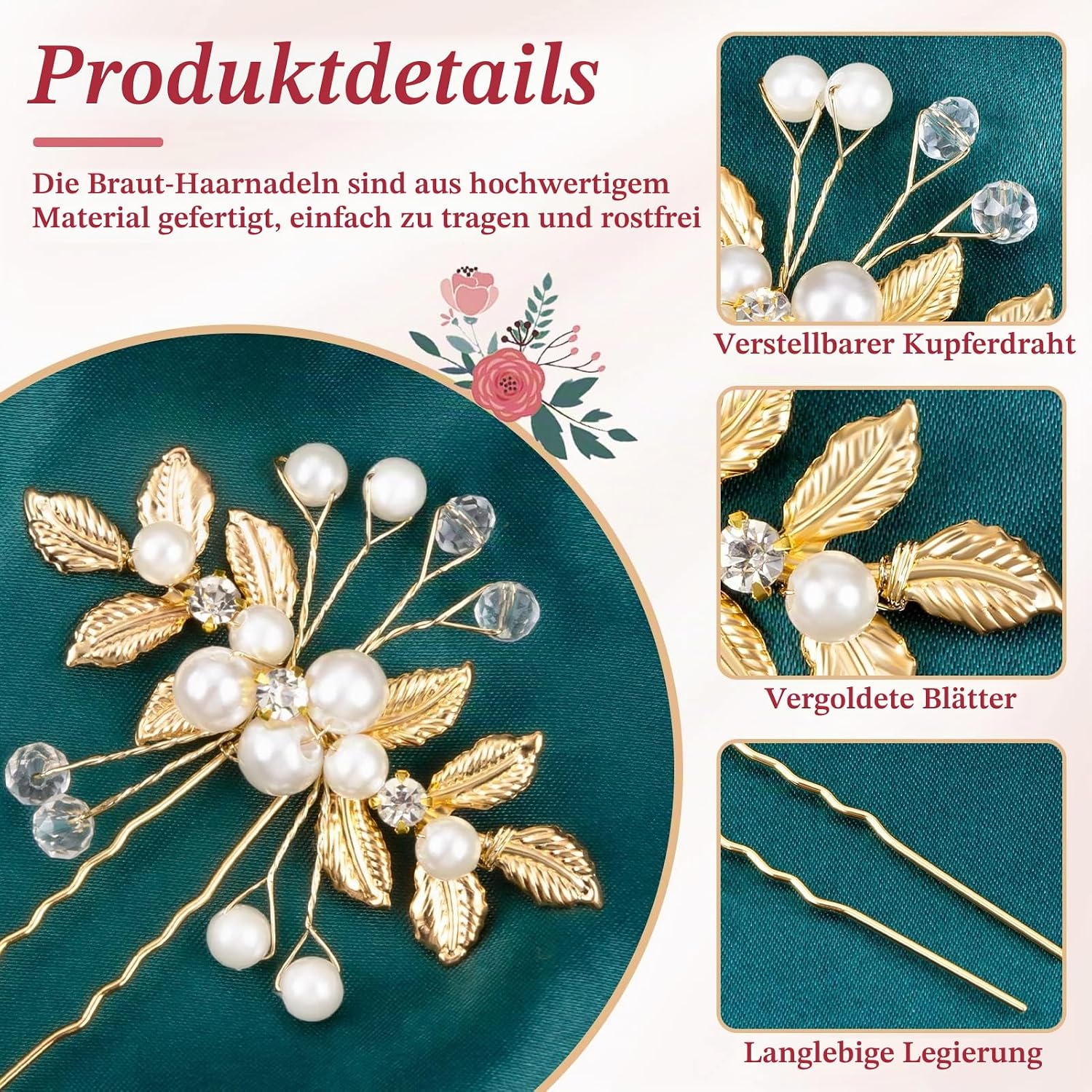 Kiiwah 4 Stück Haarschmuck Hochzeit Perle Blume Braut Haarkamm Strass Brautschmuck Braut Haarnadeln für Kommunion MäDchen Braut Brautjungfer(Gold) – Bild 4