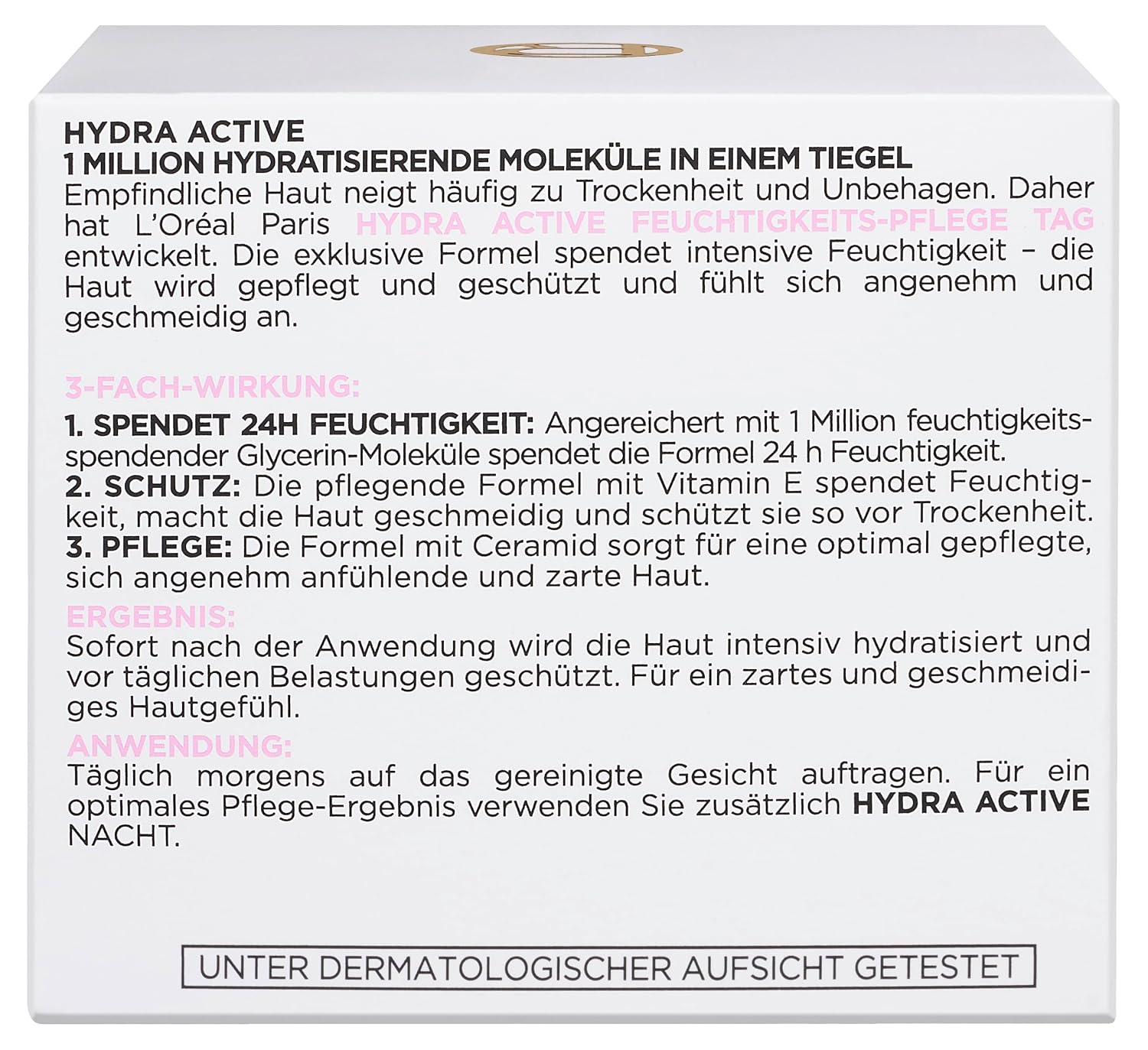 L'Oréal Paris Feuchtigkeitspflege für das Gesicht, Gesichtscreme für sensible Haut, Hydratisierende Tagescreme mit Glycerin und antioxidativem Vitamin E, Hydra Active 3 sensible Haut, 1 x 50 ml – Bild 4