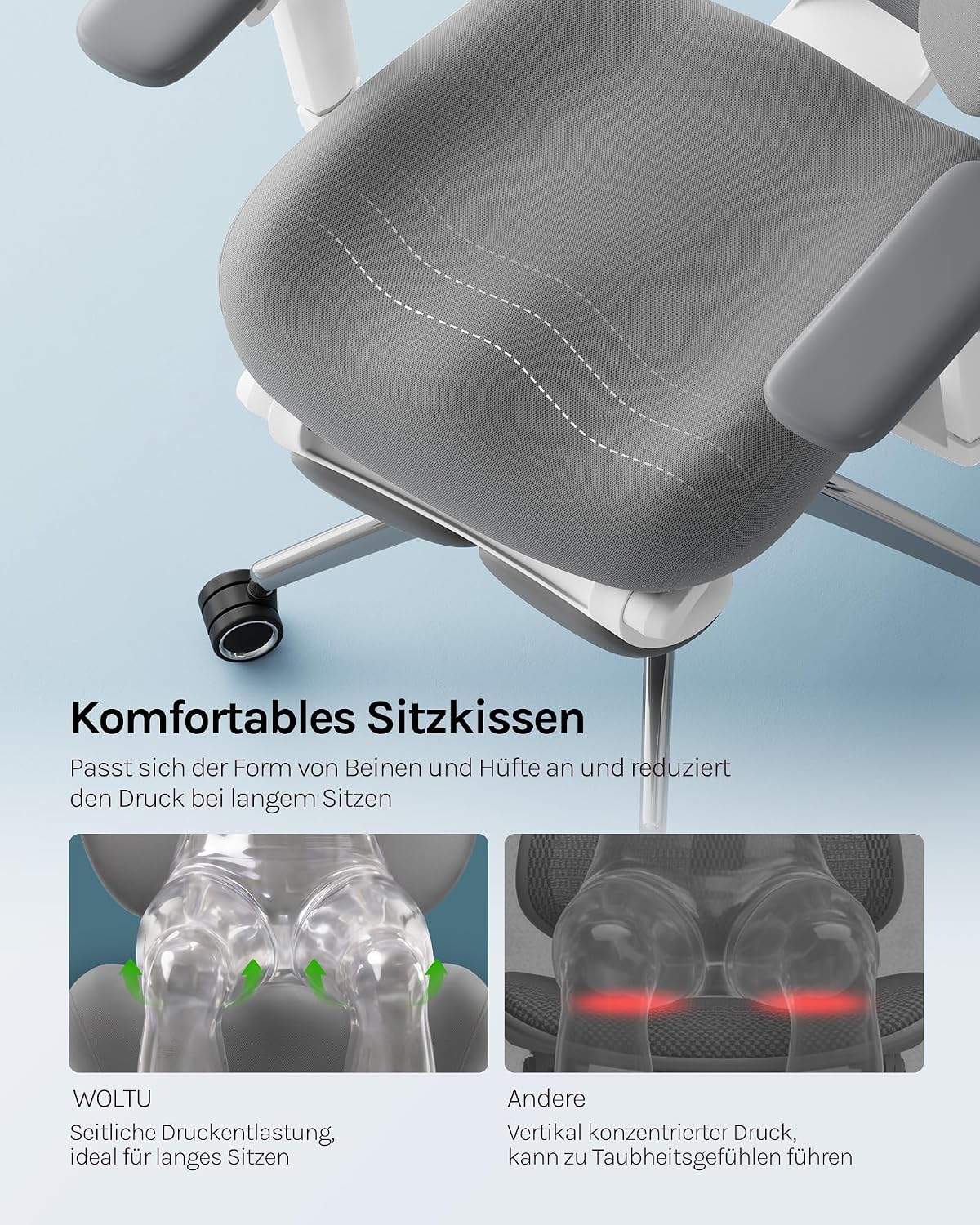 WOLTU Bürostuhl Ergonomisch, Schreibtischstuhl, 6D Armlehnen Grau+Weiß – Bild 9