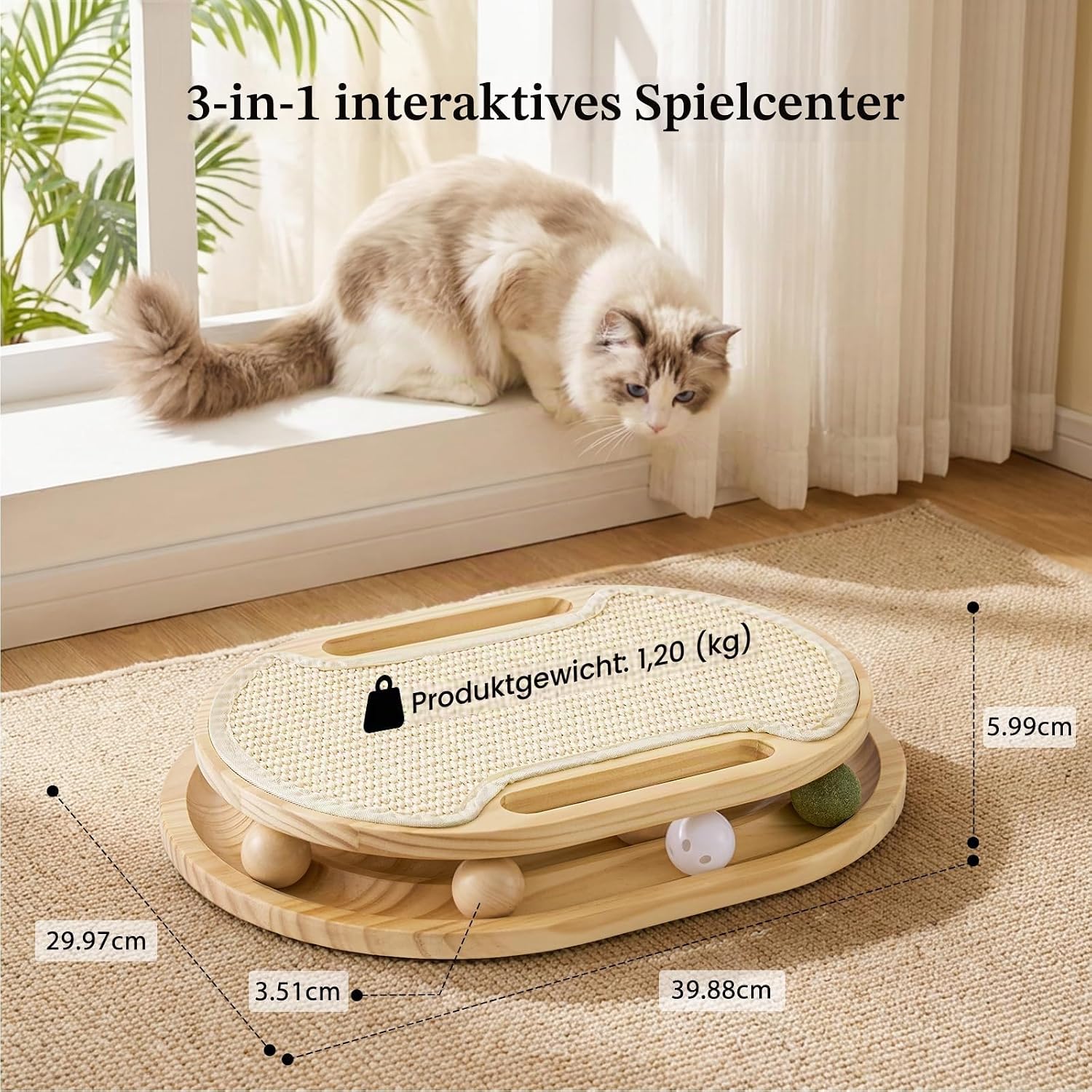 ZOMISIA Sisal Kratzbrett mit Kugelbahn, Interaktives Katzenspielzeug Holz – Bild 2