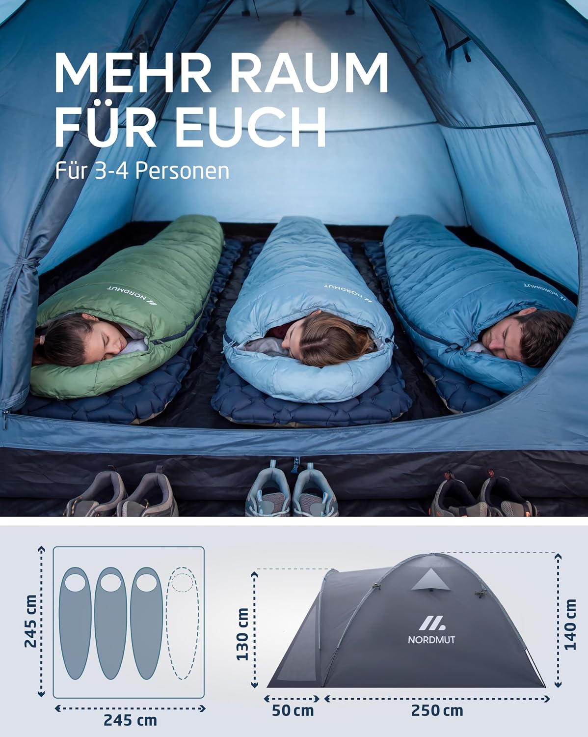 NORDMUT® Campingzelt für 2-4 Personen wasserdicht & leicht – Kuppelzelt mit verschließbarem Vorraum – 2-4 Mann Zelt mit hervorragender Luftzirkulation & kleinem Packmaß – Bild 3