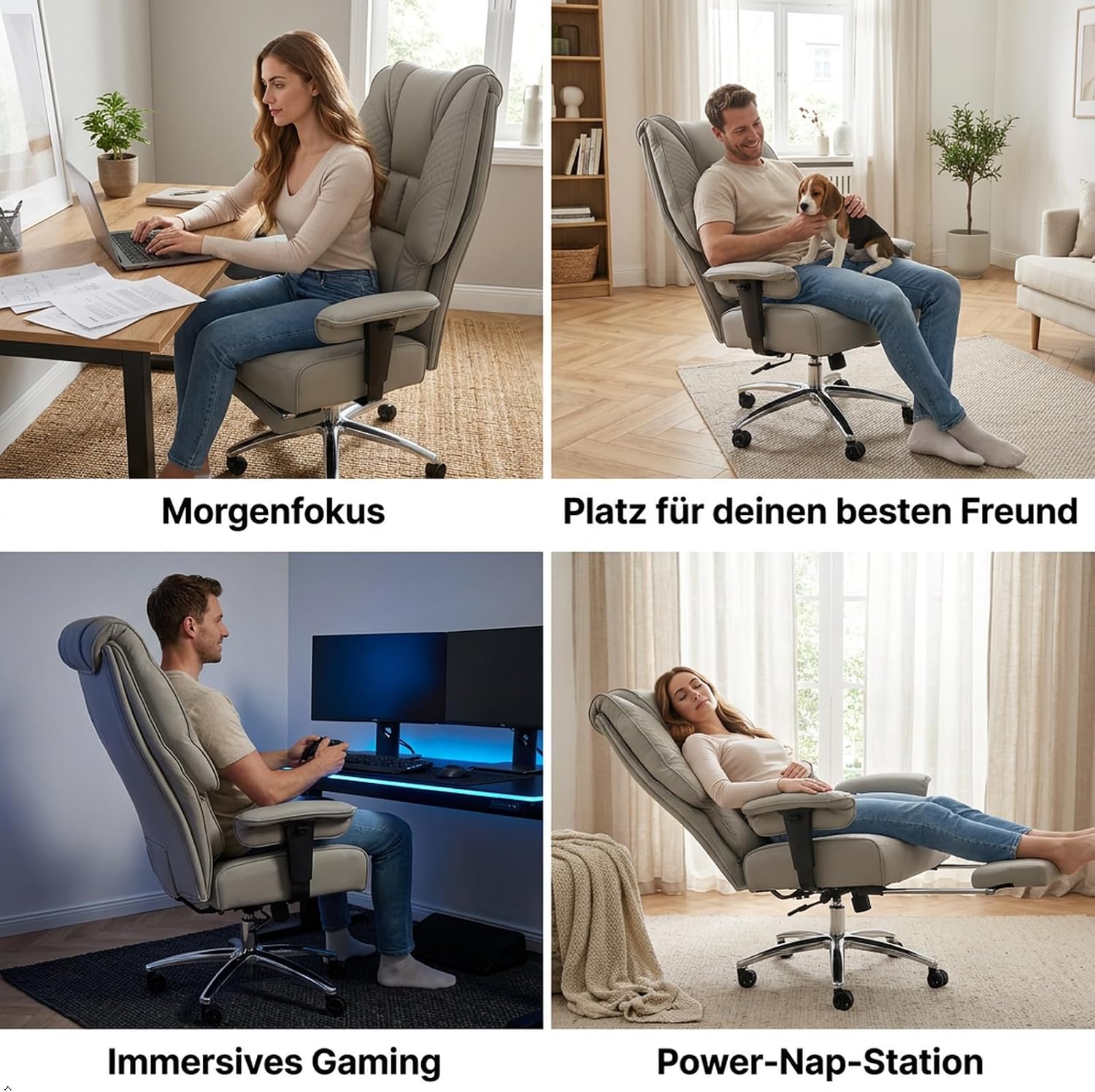 EXCEBET Chefsessel Bürostuhl Ergonomisch 200kg, Schreibtischstuhl mit Fußstütze und 14cm Taschenfederkern, Hochlehner aus Kratzfestem PU Leder, Drehstuhl mit Höhenverstellbaren Armlehnen (Hellgrau) – Bild 6