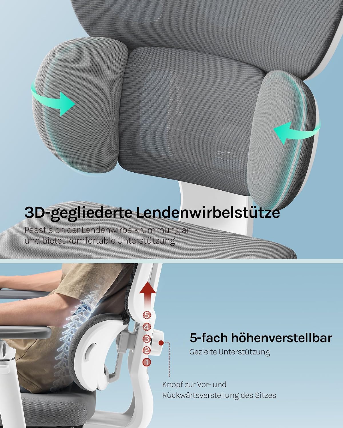 WOLTU Bürostuhl Ergonomisch, Schreibtischstuhl, 6D Armlehnen Grau+Weiß – Bild 8