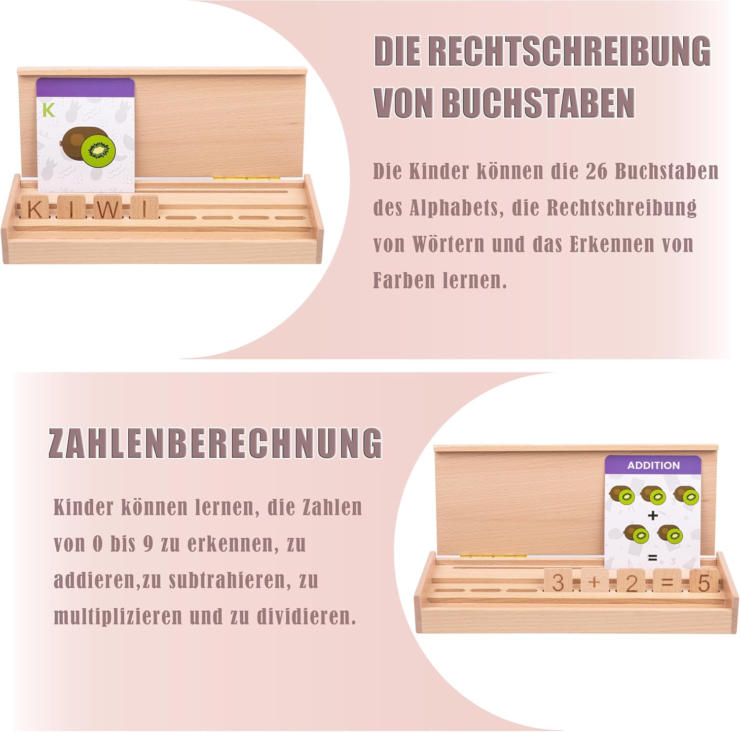 Montessori Holzspielzeug ab 3 Jahren – 3-in-1 Lernbox aus Holz: Buchstaben, Lesen Lernen, Zahlen & Rechnen – Lernspielzeug Kinder Geschenk zur Einschulung & Vorschule – Bild 6