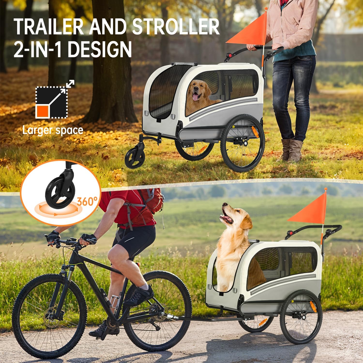 2-in-1 XXL Fahrradanhänger für Hunde, Faltbarer Hundeanhänger mit Dachöffnung, Reflektoren & Reflexstreifen, Universal-Fahrradkupplung, Höhenverstellbarem Schiebegriff – Bild 6