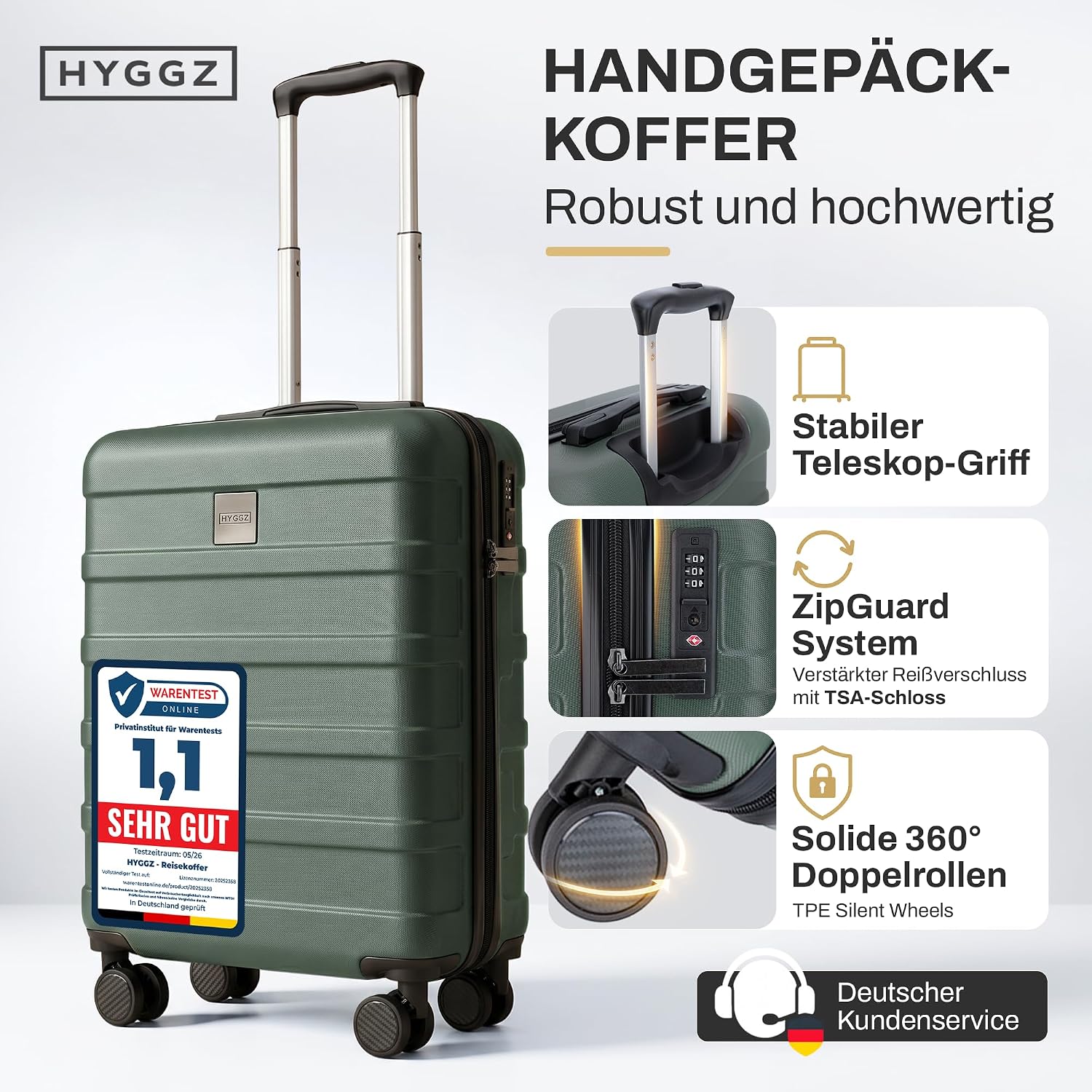 Trolley Handgepäck Koffer, Urban Olive (Grün) 55x40x20cm, Hartschale – Bild 2
