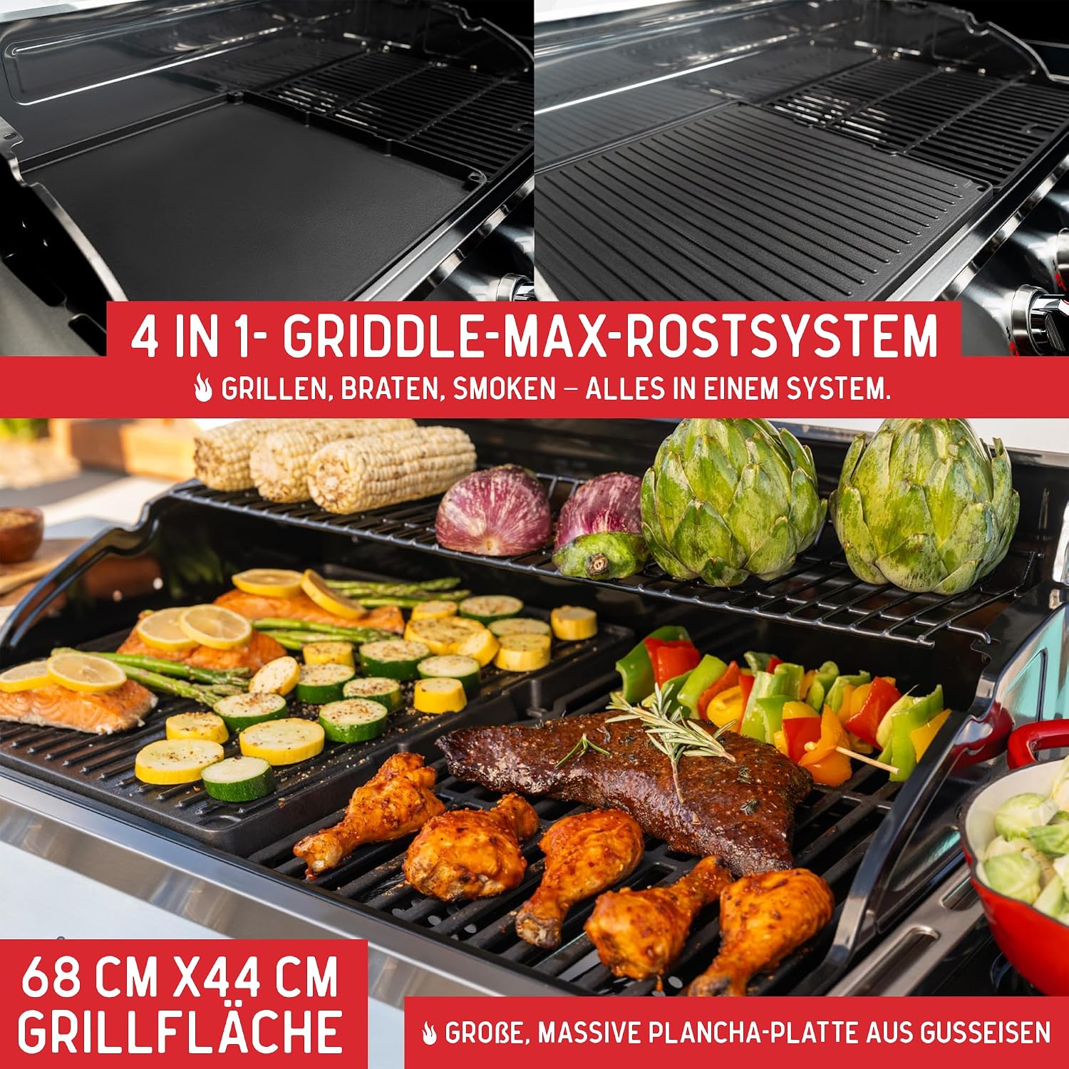 Nexgrill Gourmet Pro 4-Brenner Gasgrill mit Seitenkochfeld & Plancha (Griddle-Max System) – Edelstahl Gasgrill mit porzellanbeschichteten Gusseisenrosten, Ideal für Garten, Balkon & BBQ-Events – Bild 6