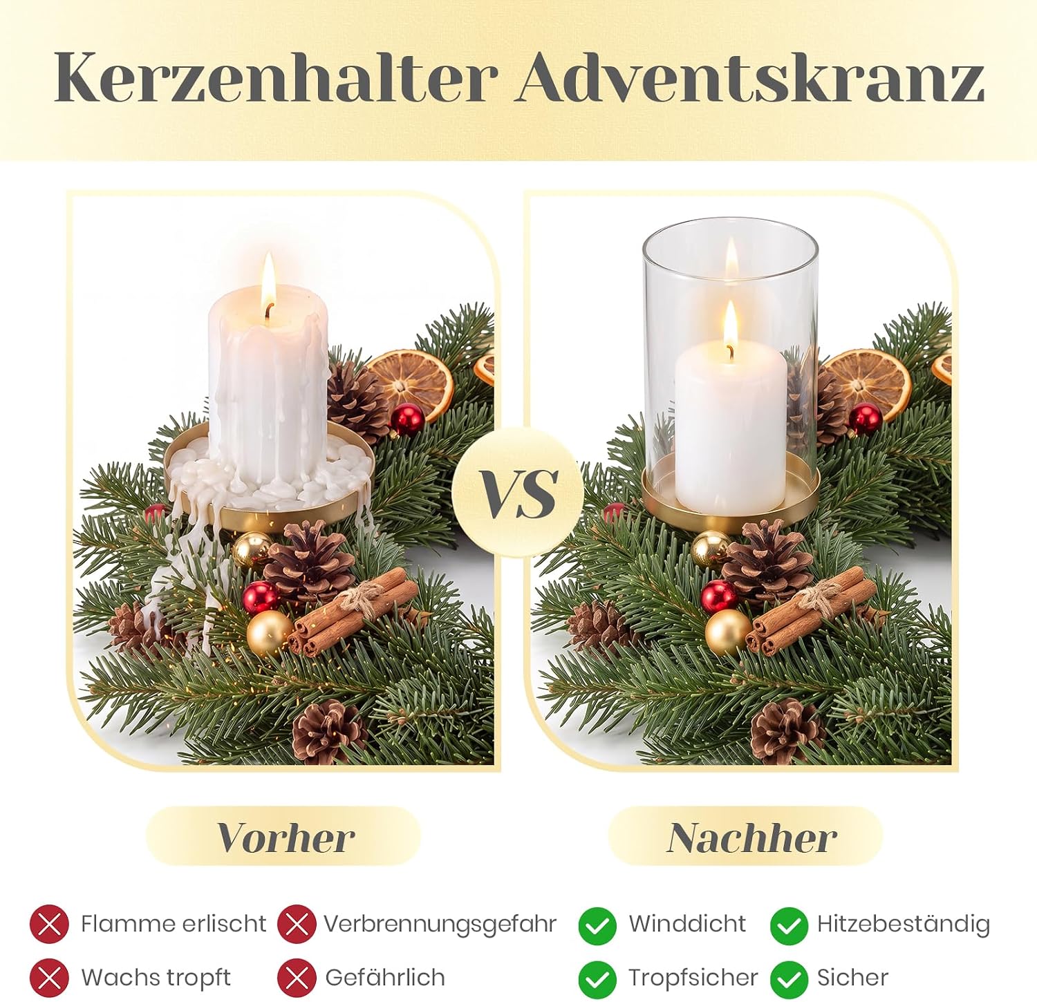 Hewory Adventskranz Kerzenhalter Gold mit Glaszylinder Deko 4er Set Ø8cm – Bild 6
