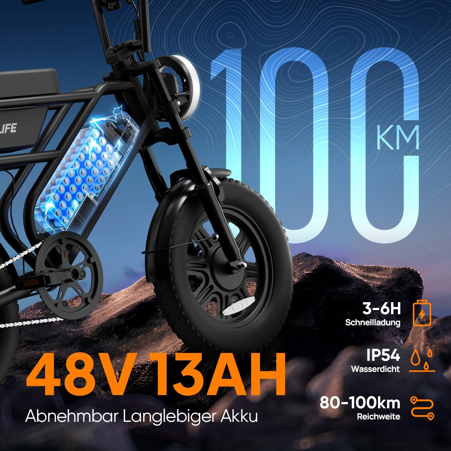 URLIFE E Bike 16" x 3.0, 48V 13Ah Herausnehmbarer Akku Elektrofahrrad, 250W Bürstenloser Motor, 100km Reichweite, E-Bike mit Doppelfederung, Elektrofahrräder für Jugendliche und Erwachsene – Bild 3