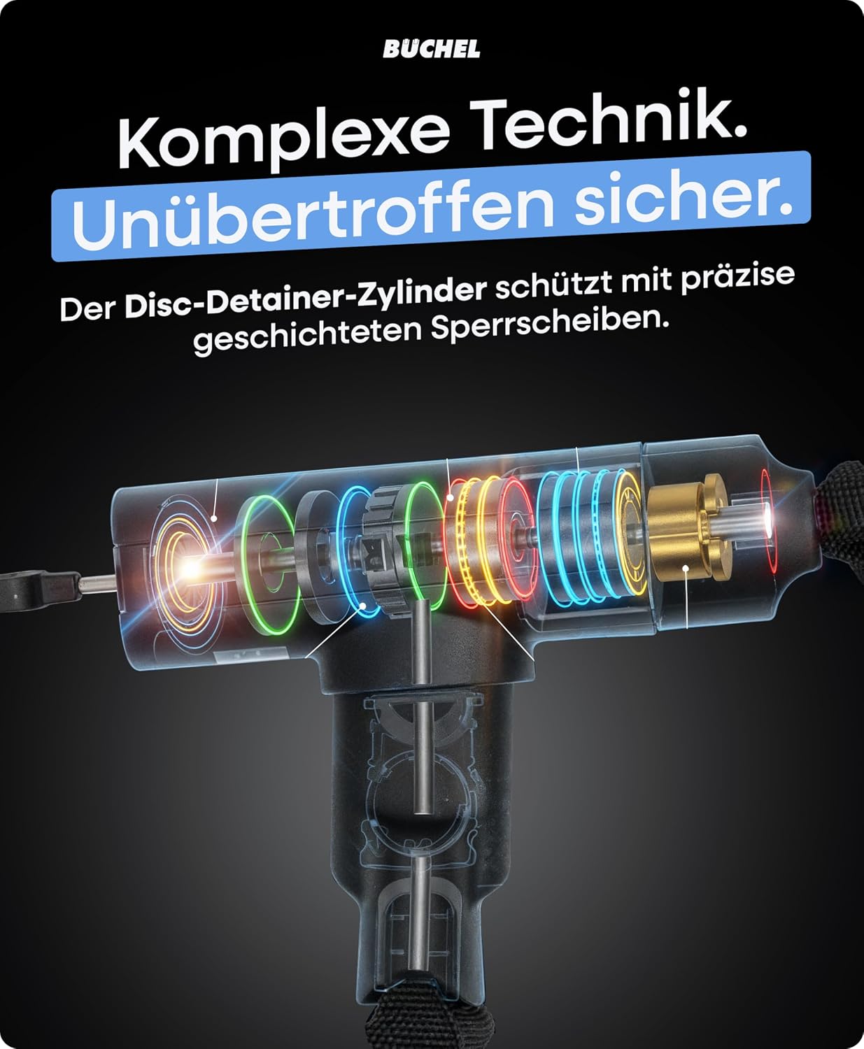 BÜCHEL Sekura Fahrradschloss Hohe Sicherheit - 90 cm Bike Lock mit Disc Detainer Lock aus 8 mm gehärtetem Stahl - Kettenschloss E-Bike, Fahrräder, Roller & Co für Stadt Schule Arbeit Freizeit (110 cm) – Bild 3