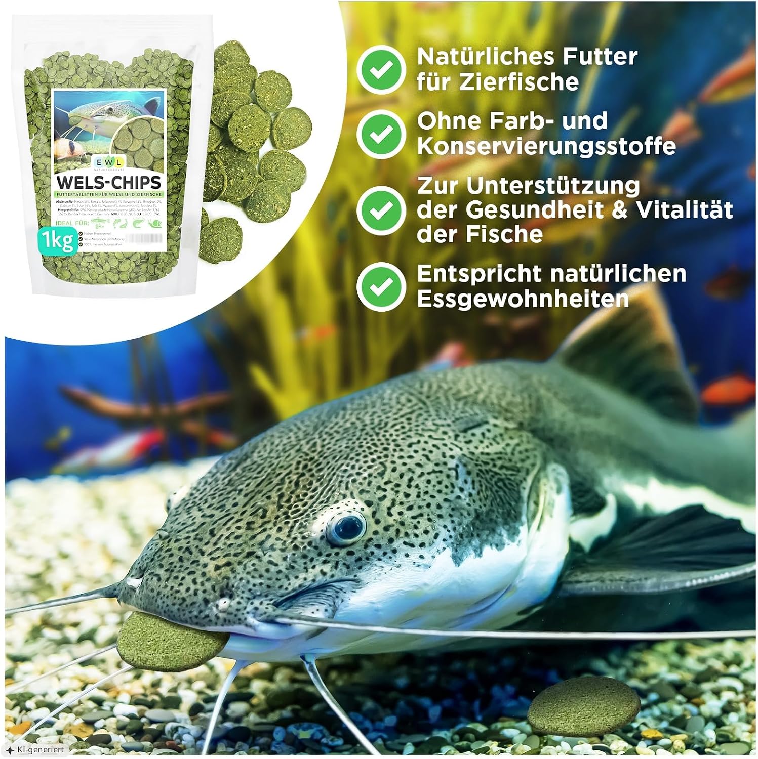 EWL Wels Futtertabletten 1kg (2L) | Wels Chips | Fischfutter mit Spirulina – Bild 3