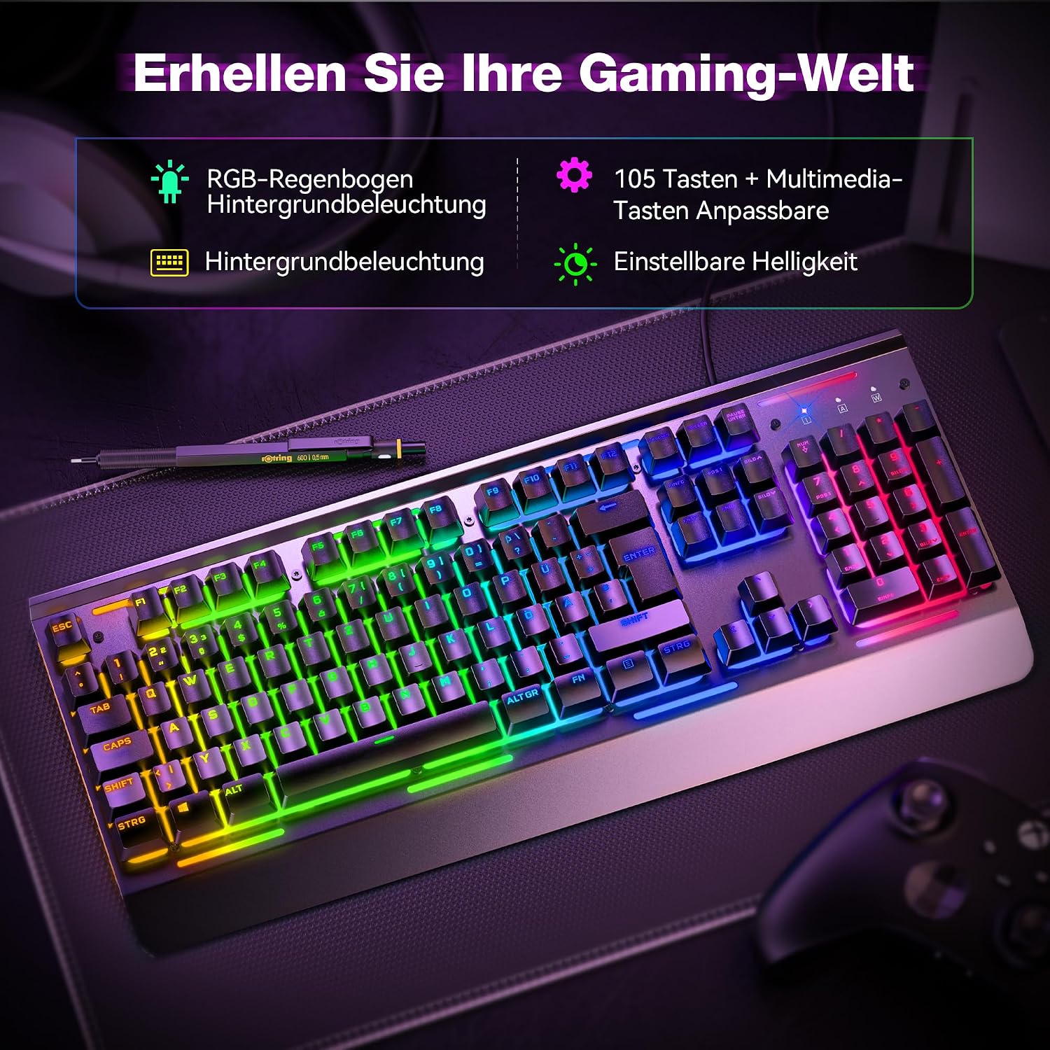 TECKNET Gaming Tastatur 105 Tasten Membrantastatur mit Vollmetall-Gehäuse – Bild 2