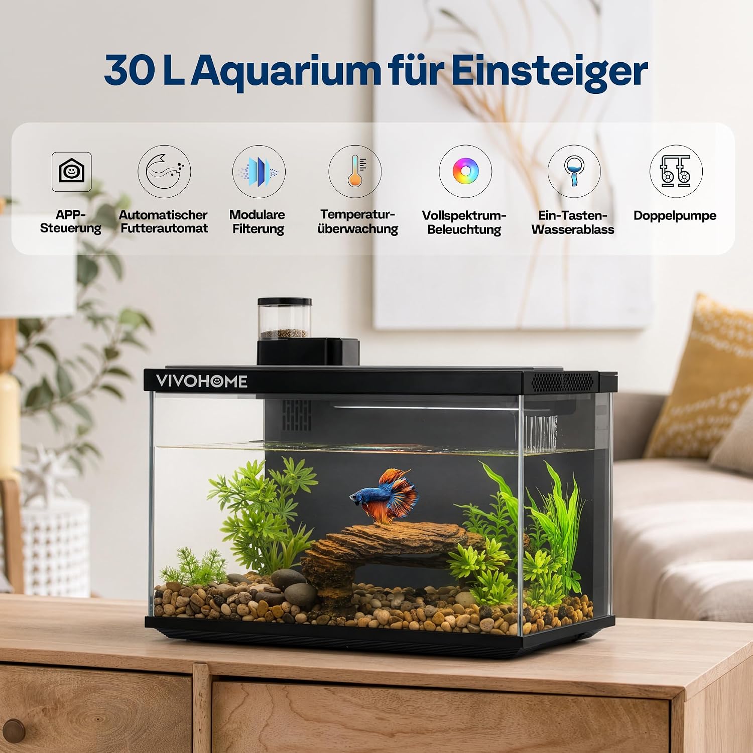 VIVOHOME 30L Smart Glas Aquarium Komplettset mit LED & Wasserpumpe – Bild 2