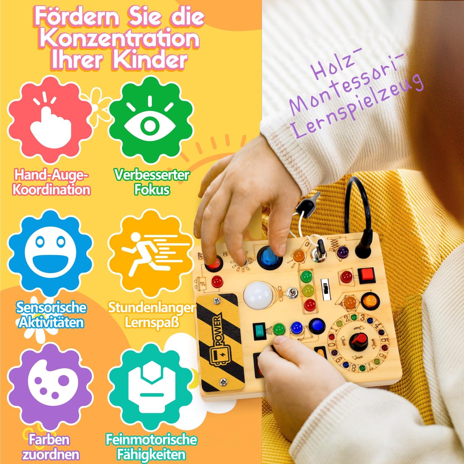 EchoToys Montessori Spielzeug Busy Board ab 1 Jahr Activity Board aus Holz – Bild 3