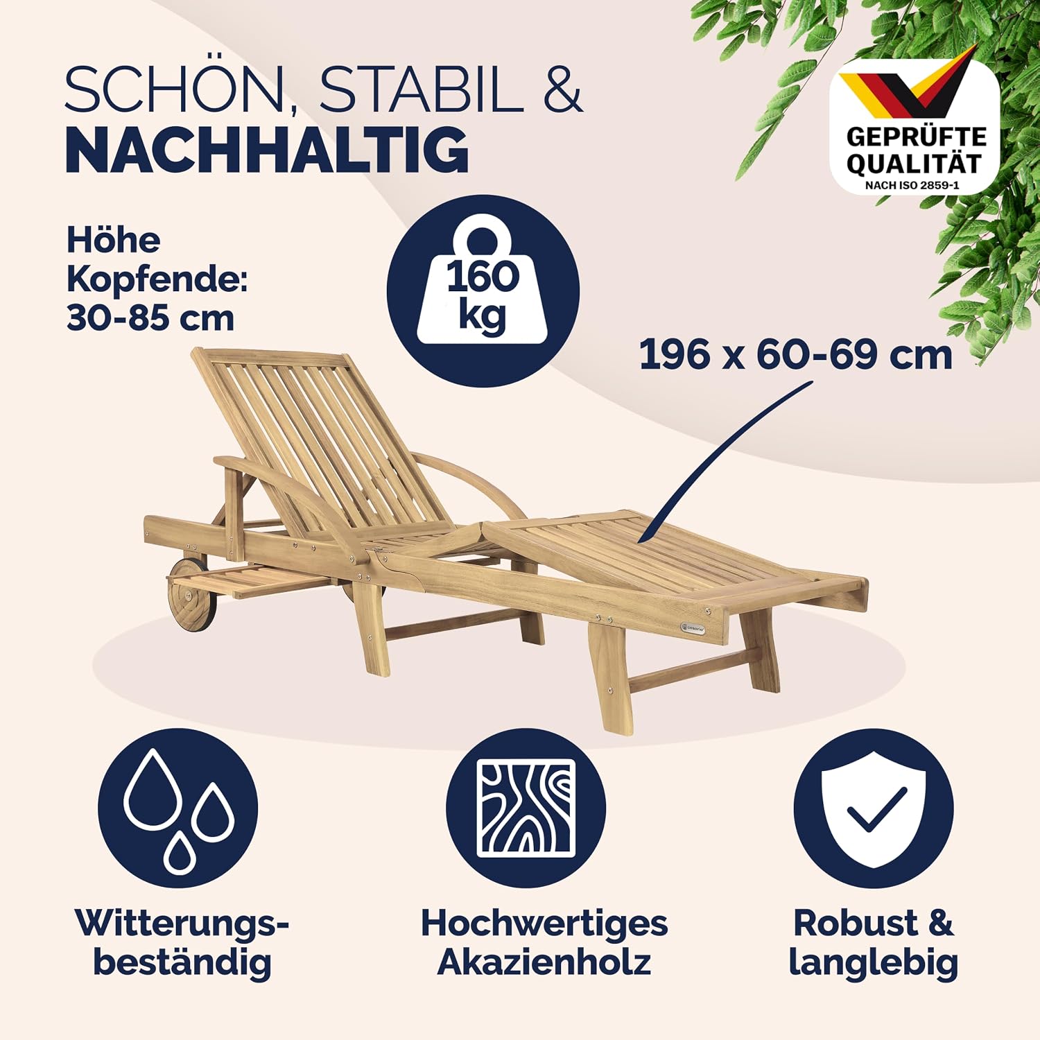 CASARIA Sonnenliege 2er Set, klappbar, Rollen und Ausziehtisch, Teakoptik – Bild 3