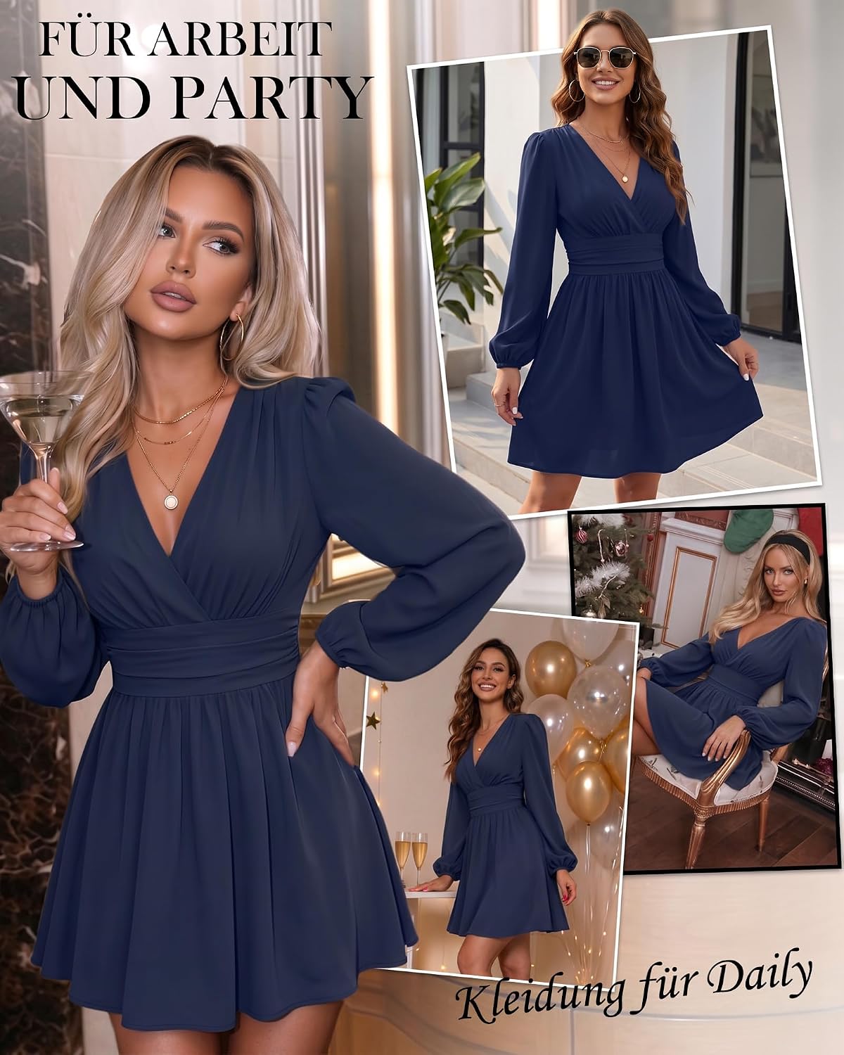 JasGood Damen Kleid Langarm Herbstkleid V-Ausschnitt Freizeitkleider – Bild 2