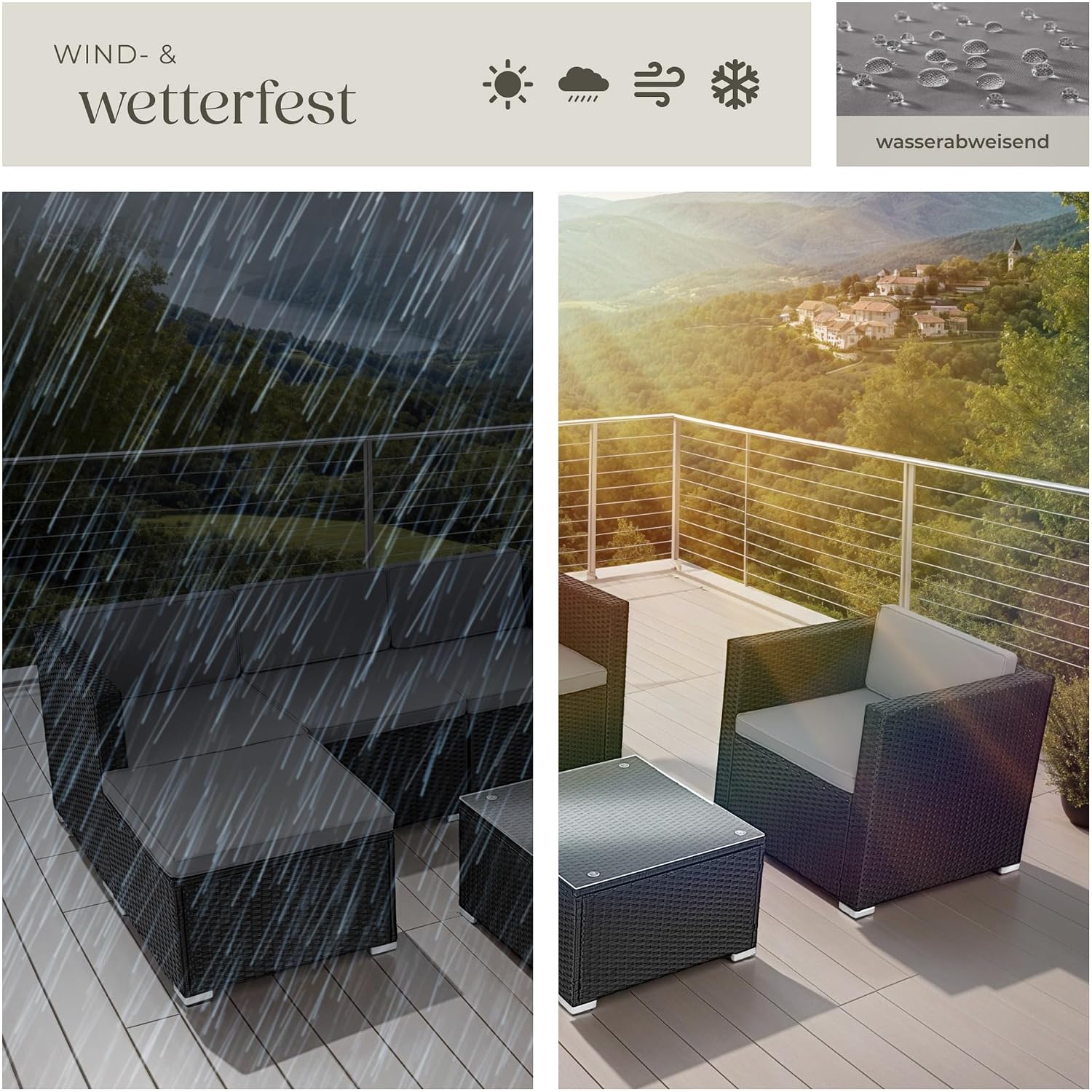 tectake® Poly Rattan Lounge, Outdoor Gartenmöbel Set mit Sofa, Sessel, Hocker und Tisch, variabel kombinierbar, Möbel wetterfest für 4-5 Personen, Balkonmöbel, Gartenlounge, Terrassenmöbel - schwarz – Bild 7