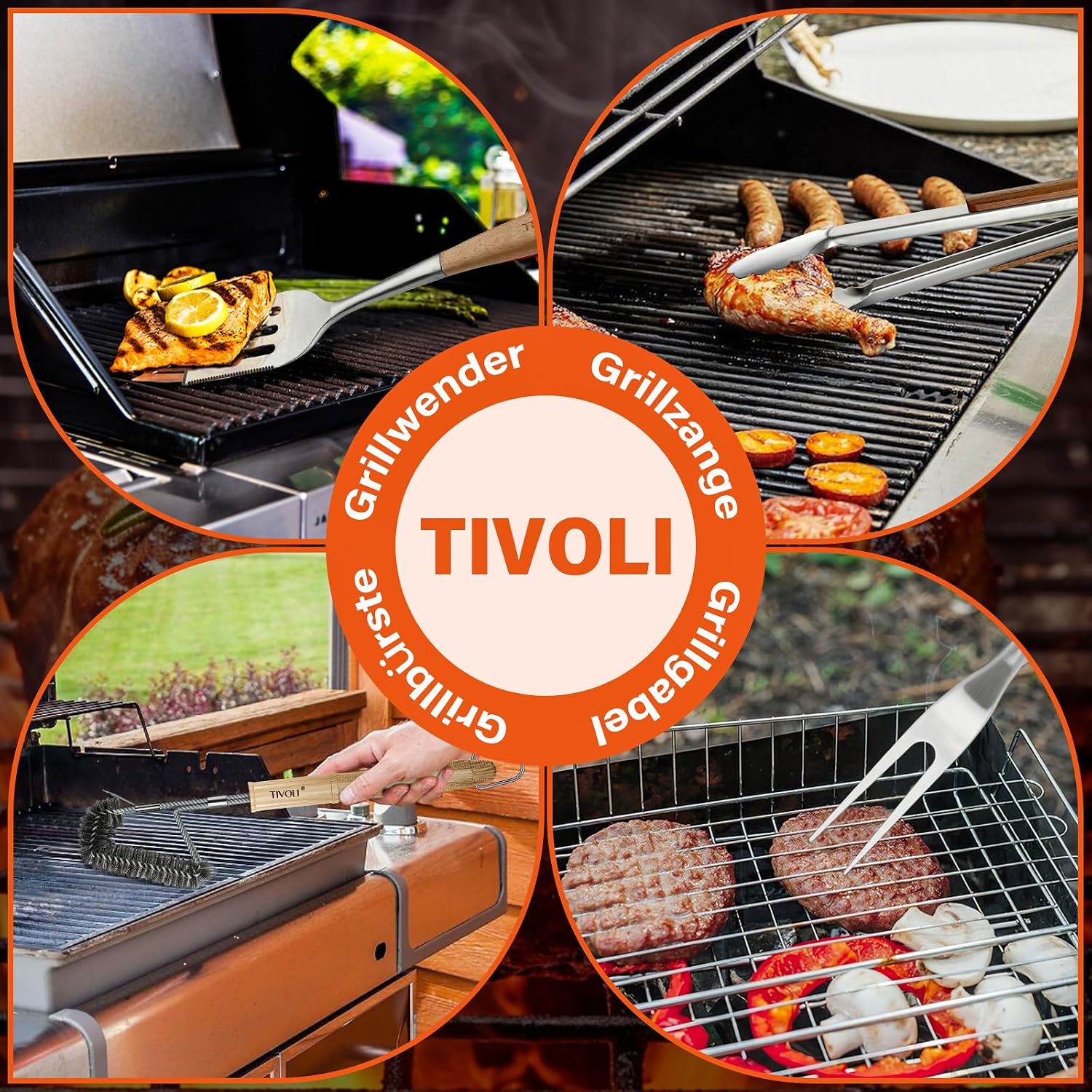 TIVOLI Grillbesteck Set 4-teilig aus Edelstahl mit Holzgriffen – Bild 2