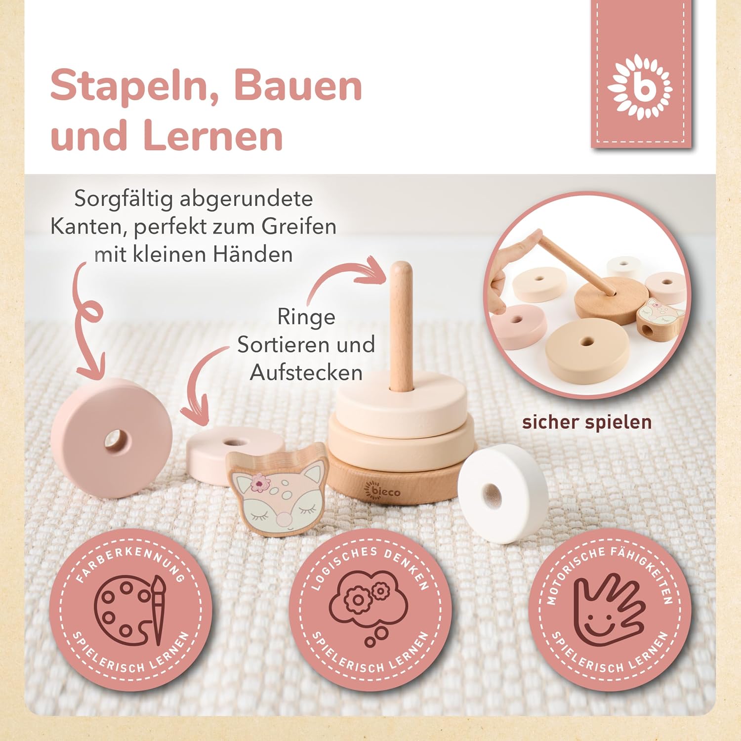 Bieco Stapelturm REH Ella | Holz FSC® | 19 cm | Steckspielzeug ab 1 Jahr – Bild 3