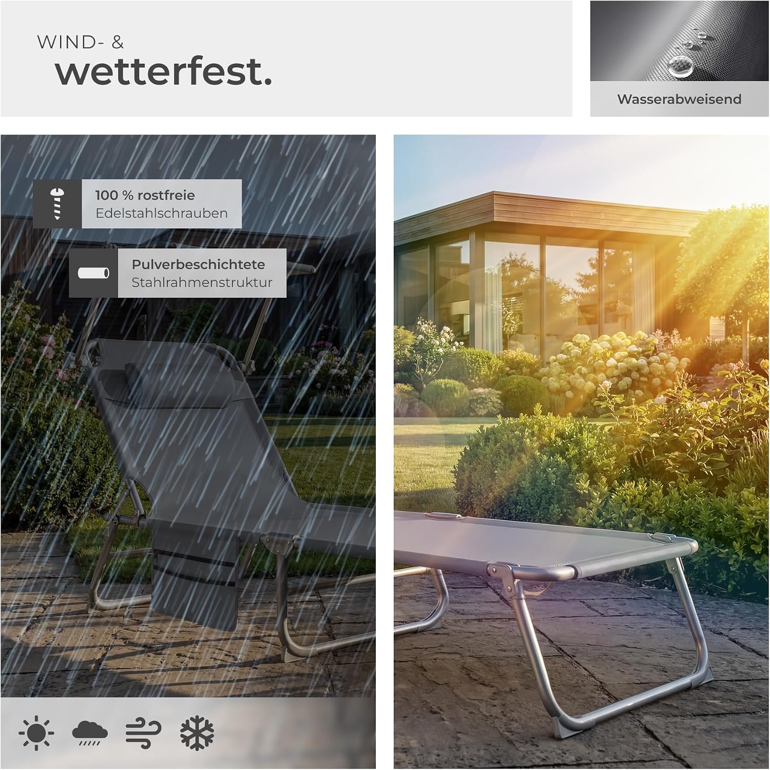 tectake® Sonnenliege klappbar, tragbar, Liege mit Seitentasche, Strandliege, Gartenliege mit Dach, Liegestuhl mit Verstellbarer Rückenlehne, inkl. Kopfkissen - für Balkon, Terrasse, Camping - grau – Bild 8