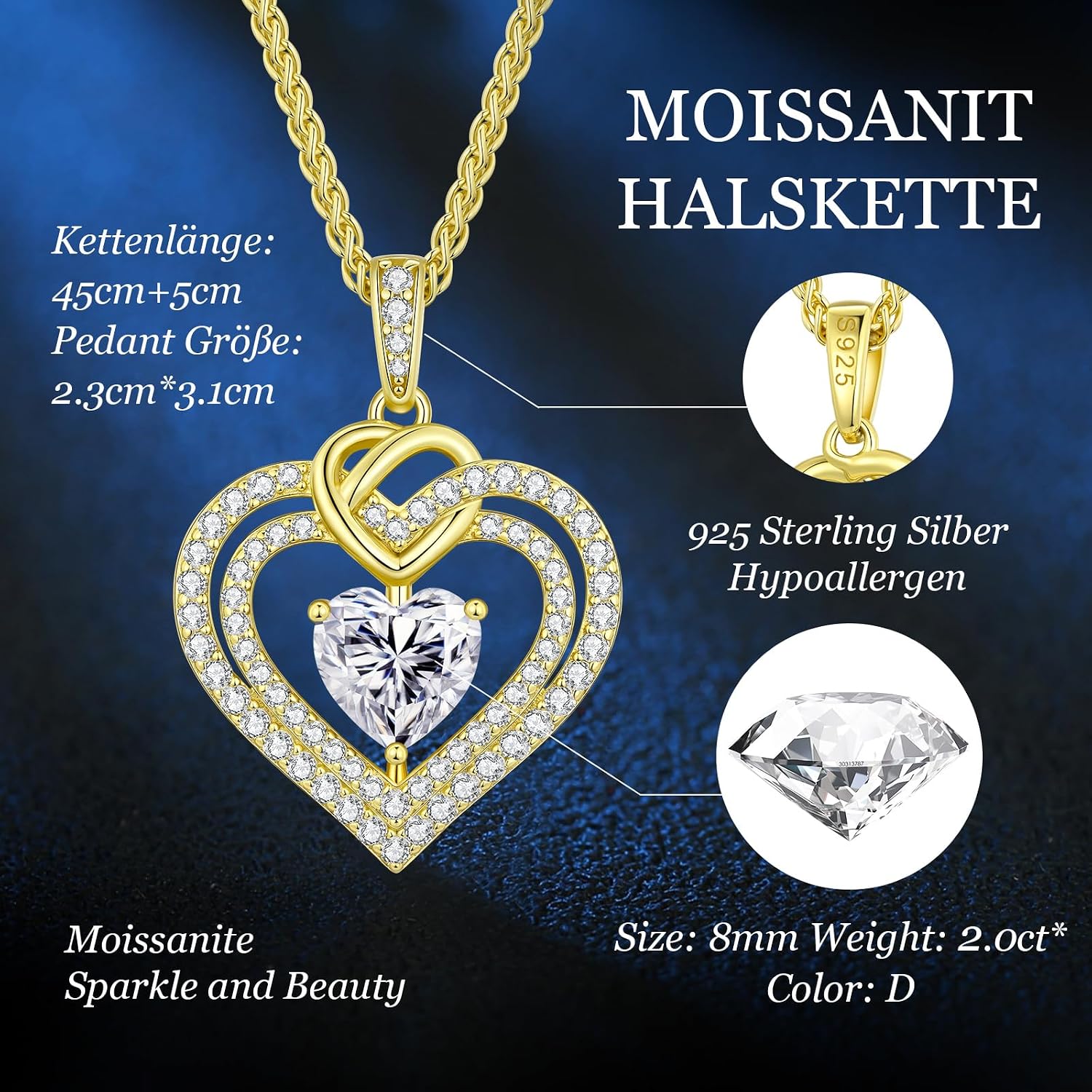 CDE Kette Damen Moissanite Halskette Damen Silber 925, Doppel Herz VVS1 Reinheit D Farbe, Frauen Schmuck Geburtstags Geschenk für Sie Freundin Weihnachten Valentinstag Muttertags – Bild 3
