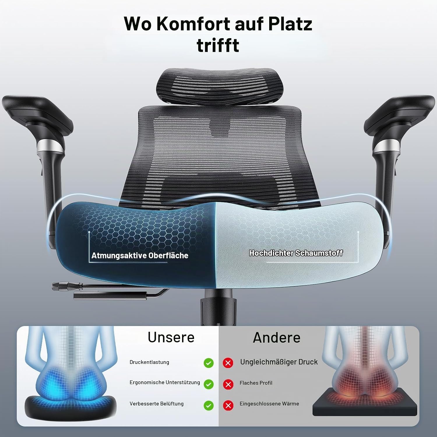 Marsail Bürostuhl mit 6D-Armlehnen, 3D-Verstellbarer Kopfstütze, Schiebesitz, Lendenwirbelstütze, 4-Position-Neigungsschloss – hoher und großer Schreibtischstuhl mit Kapazität von 150kg, Schwarz – Bild 4