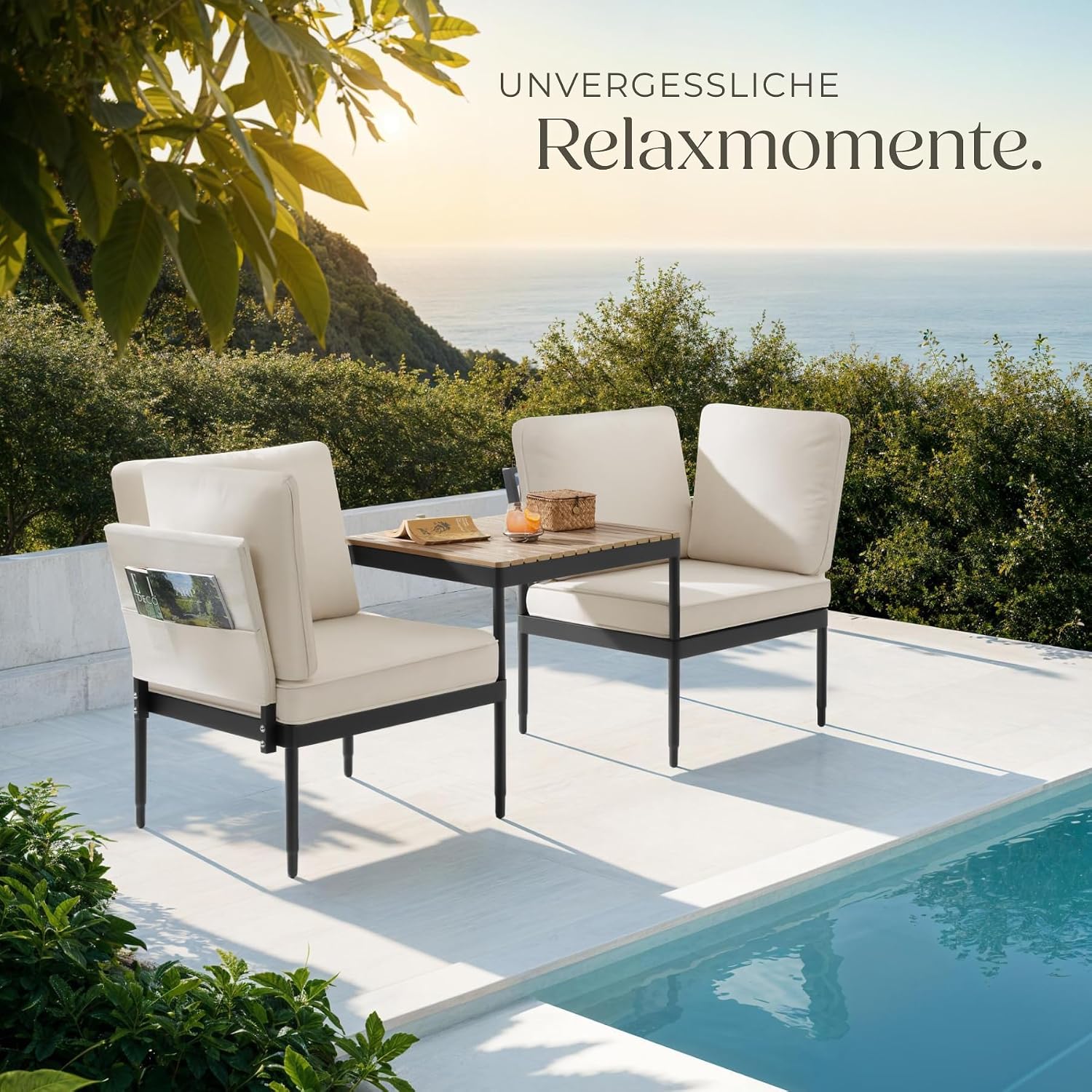 tectake® Aluminium 5in1 Gartenlounge Set, Gartenmöbel mit Outdoor Kissen wetterfest, Lounge Sessel, Liege/Gartenbank, Balkontisch, Balkonmöbel kleiner Balkon, Lounge Möbel Outdoor, Terrasse, Holzoptik – Bild 8