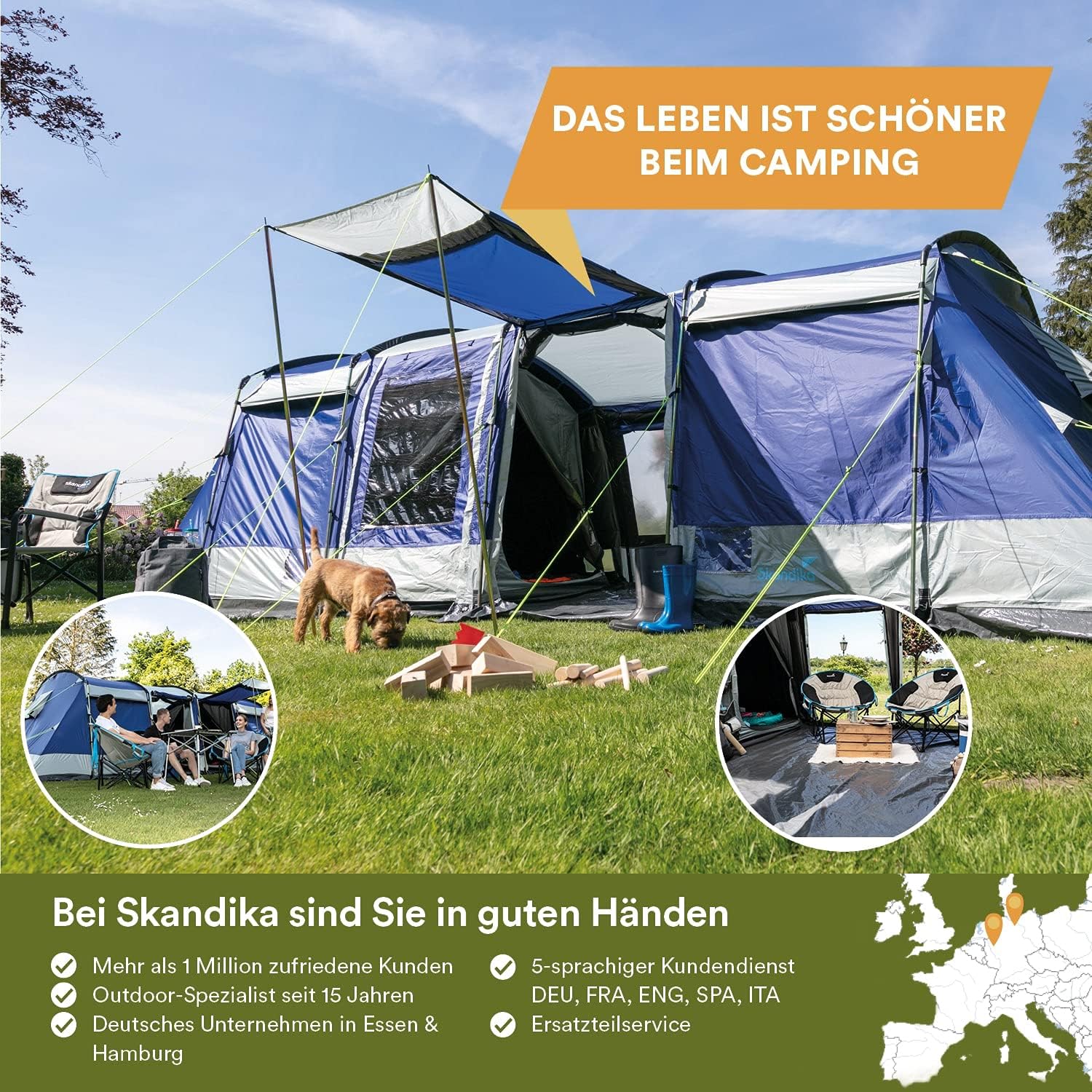 Skandika Tunnelzelt Montana 8 Personen | Camping Zelt mit/ohne eingenähten Zeltboden, mit/ohne Sleeper Technologie, 3-4 Schlafkabinen, 5000 mm Wassersäule, Moskitonetze | großes Familienzelt – Bild 7