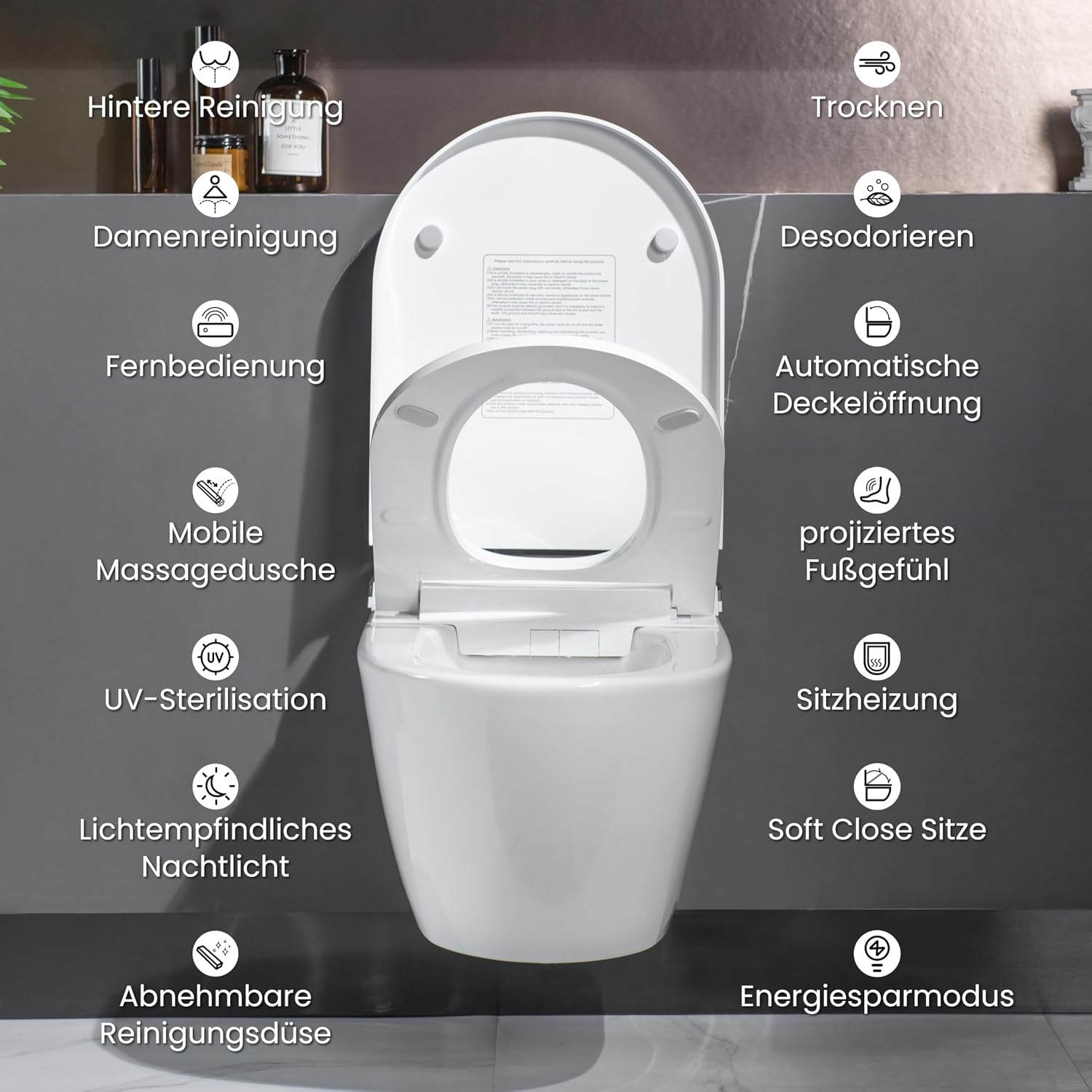 Casta Diva Dusch WC Komplettanlage mit UV-Sterilisation, Hänge WC mit Bidet Funktion, Sitzheizung, Entkalkungs und Geruchsfunktion, Automatischer Deckelöffnung und WC Fernbedienung (CD-AU002) – Bild 8