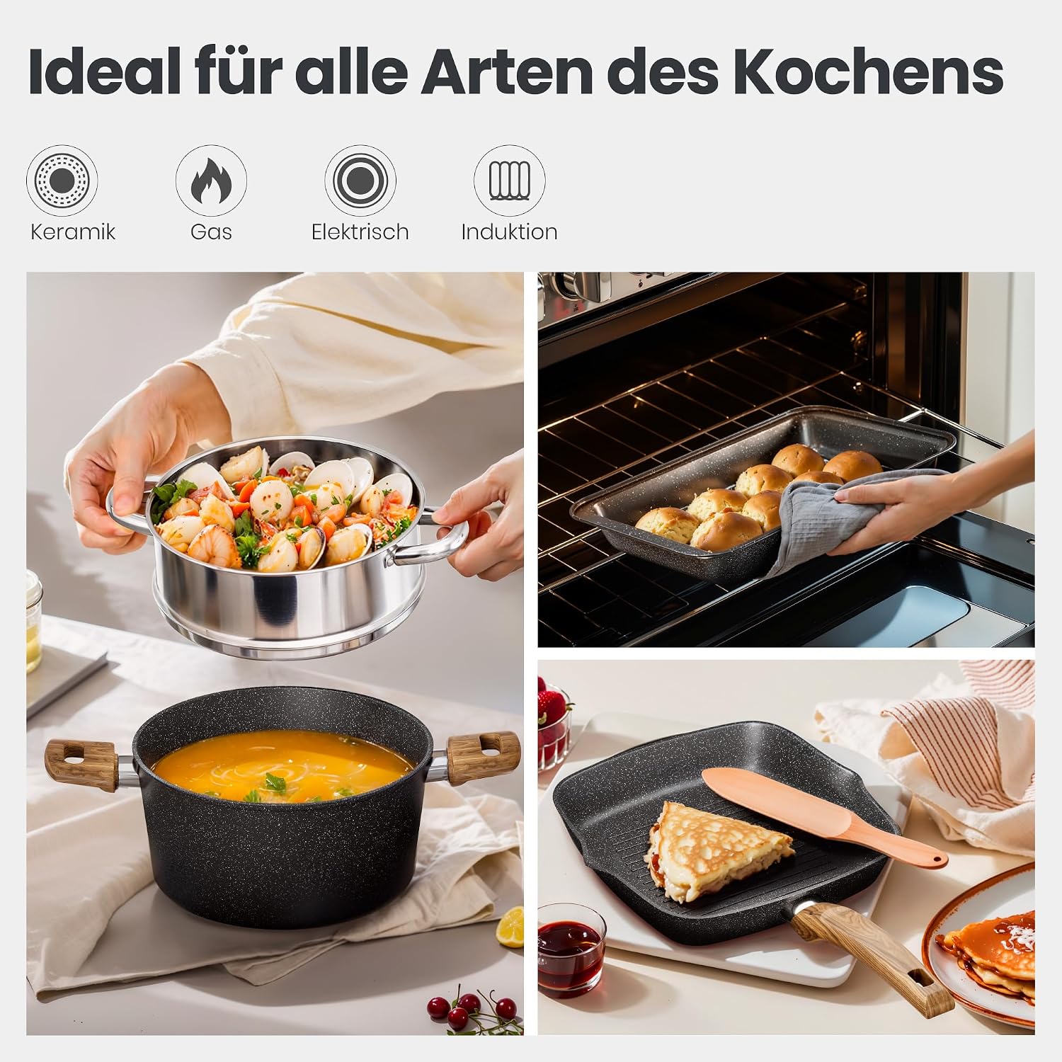 DishDelight Induktions-Kochgeschirr-Set mit Grillplatte 30-teiliges Induktions Töpfe Set Topf und Pfannenset mit Deckel Granit Antihaftbeshichtung Topfset Kochtopf – Bild 7