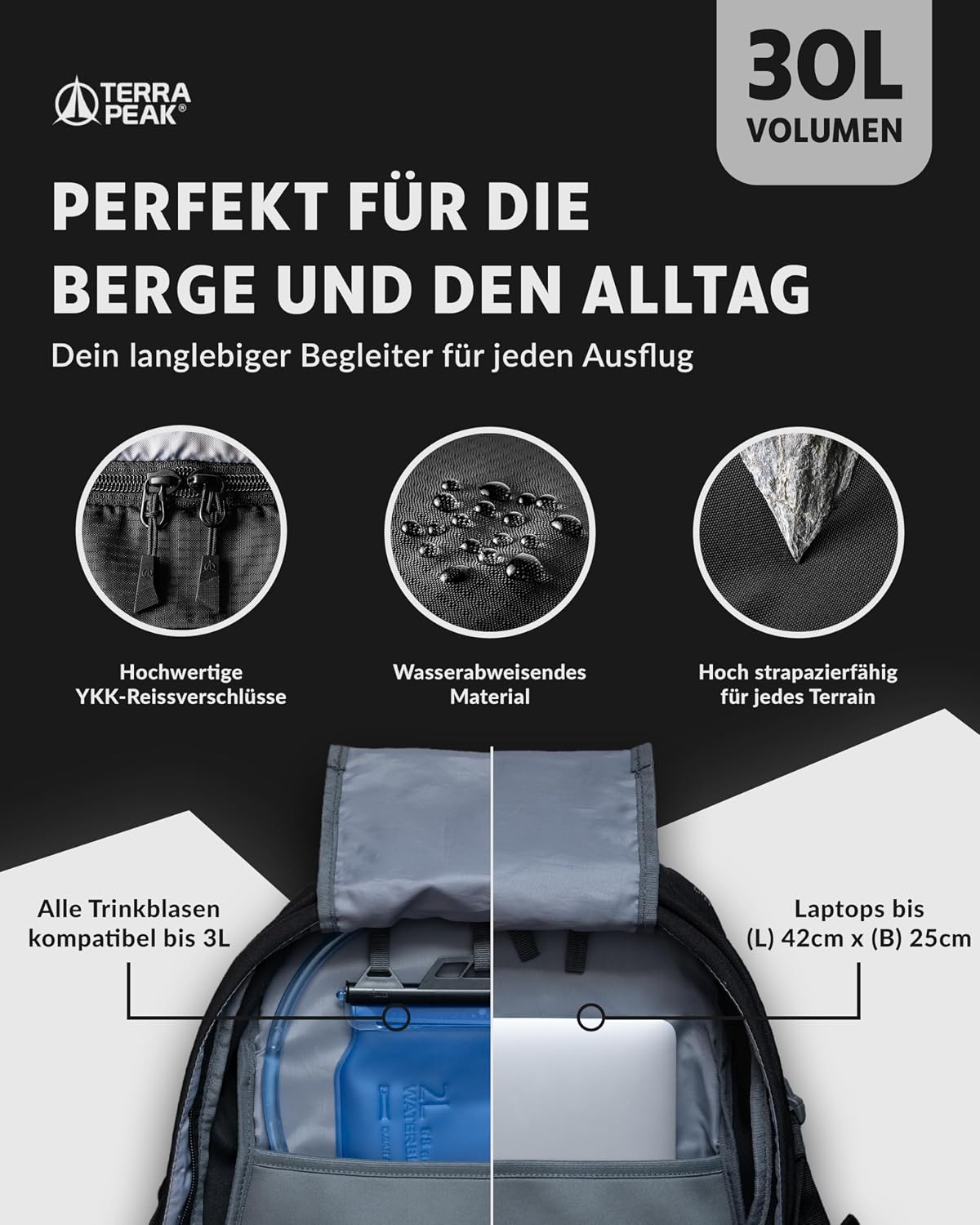 Terra Peak® Premium Wanderrucksack 30L (FLEX 30) für Damen & Herren mittelgroß mit Rückenbelüftung, Regenschutz & Trinksystem-Halterung - Trekkingrucksack ergonomisch aus 3D Air Mesh & Hüftgurt – Bild 5