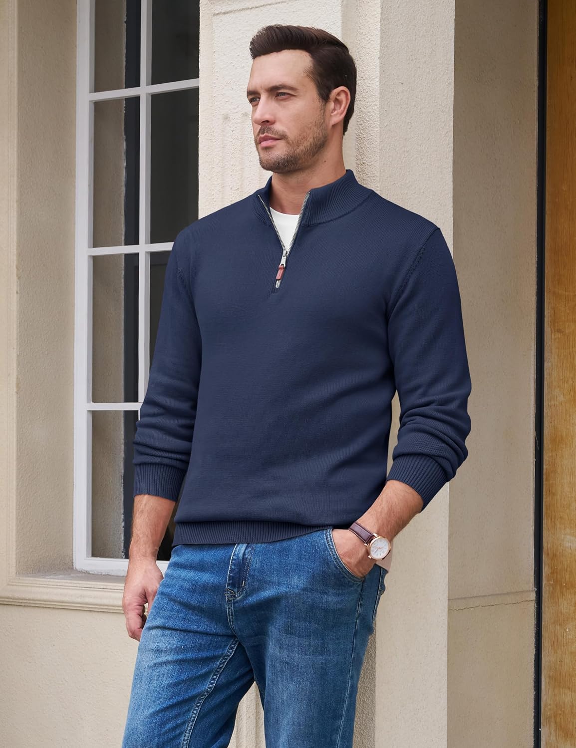 TACVASEN Pullover Herren Half Zip Troyer Baumwolle Warm Strickpullover – Bild 3