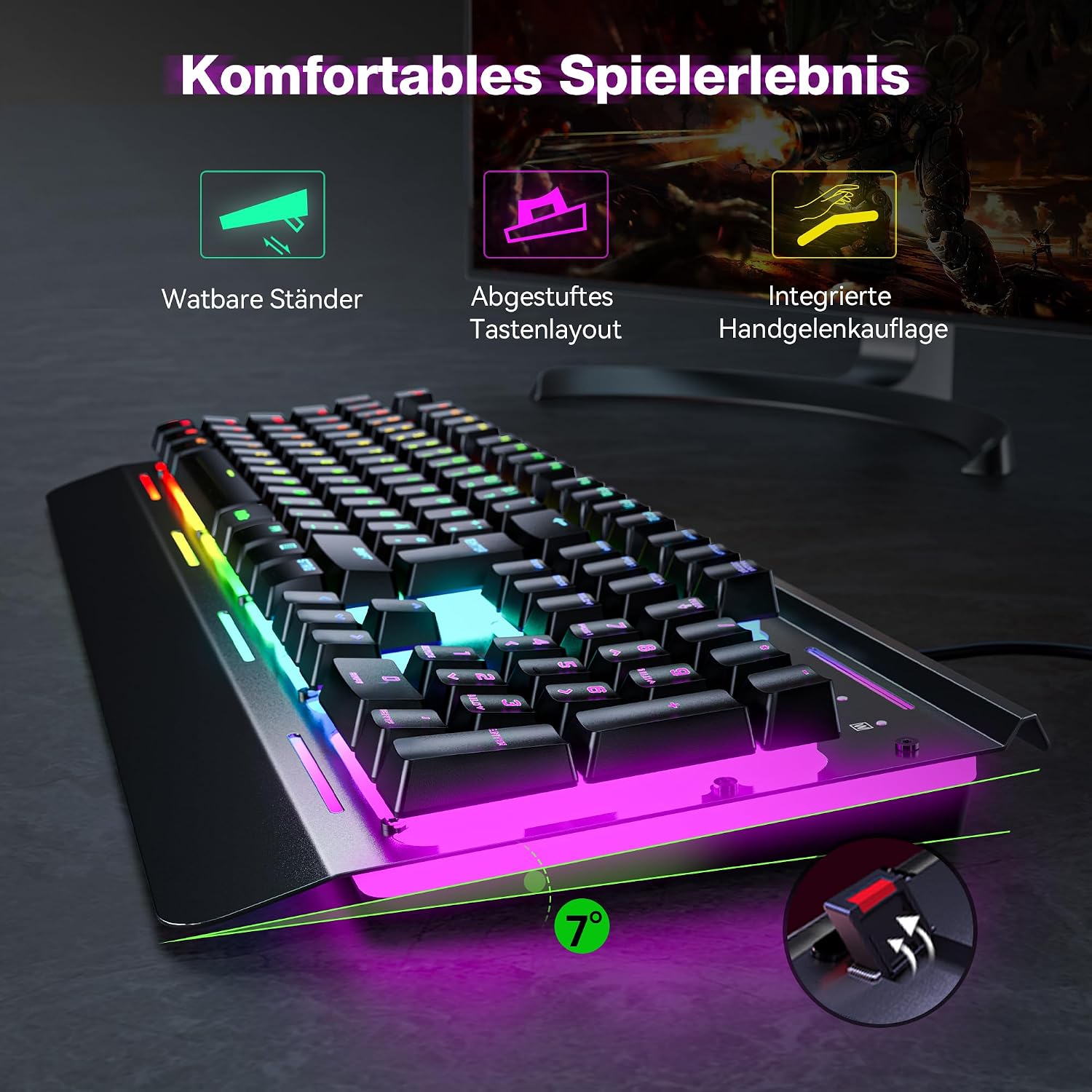 TECKNET Gaming Tastatur 105 Tasten Membrantastatur mit Vollmetall-Gehäuse – Bild 3