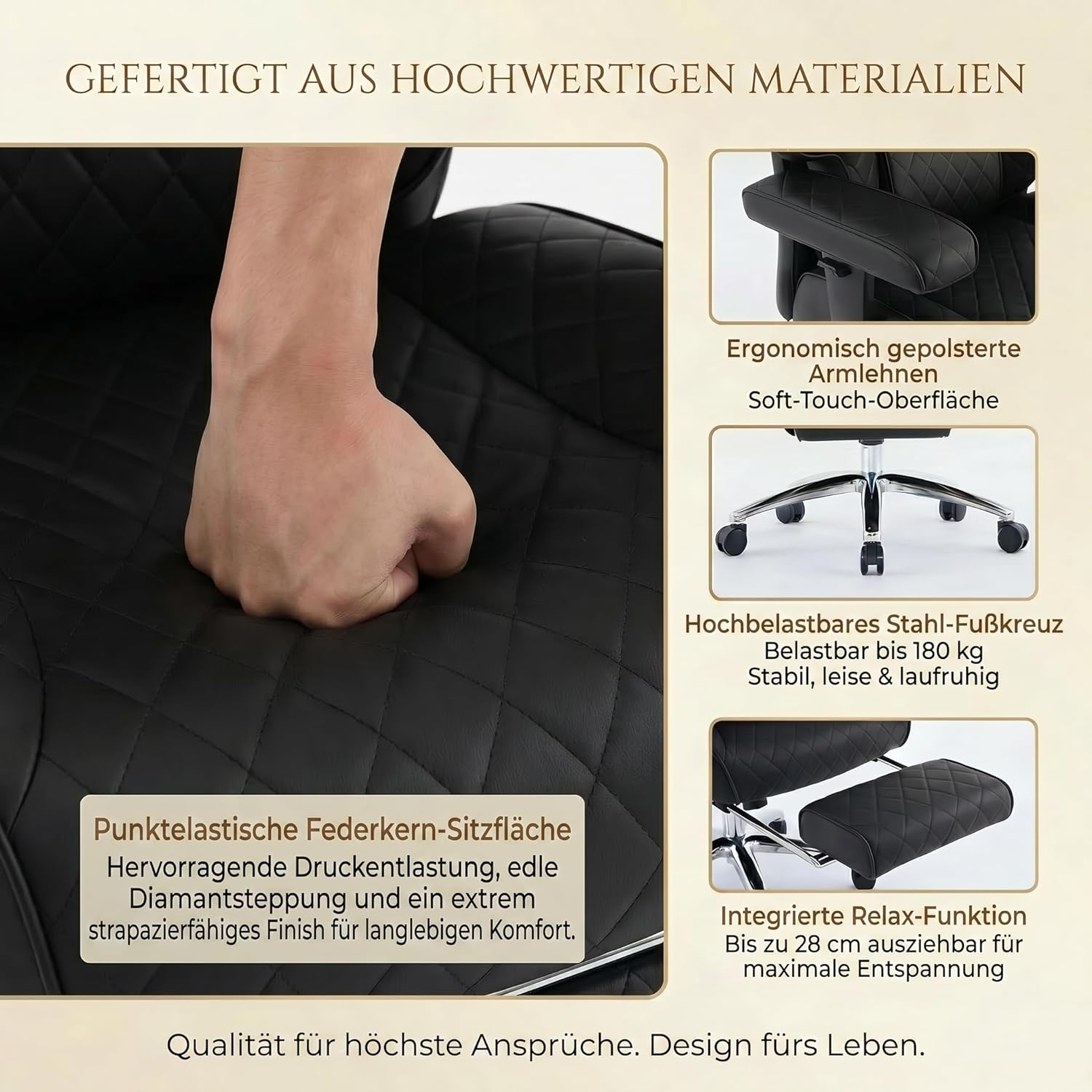 EXCEBET XXL Chefsessel bis 180kg Belastbar, Ergonomischer Bürostuhl mit Taschenfederkern, Breiter Drehstuhl für Schneidersitz, Dick Gepolstert, Hochlehner Managerstuhl mit Lendenwirbelstütze (Schwarz) – Bild 4
