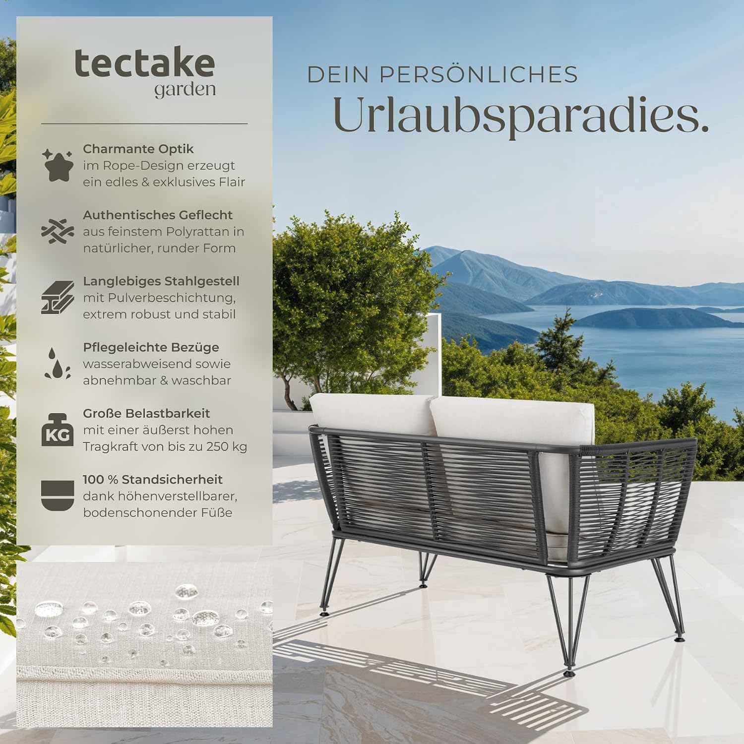 tectake® Rattan Lounge Sofa, Lounge Möbel Outdoor, Balkon Möbel, Outdoor Möbel, Rattan Gartenmöbel, Gartensofa mit Outdoor Kissen wetterfest, Balkonmöbel Kleiner Balkon, Wintergarten – Bild 3