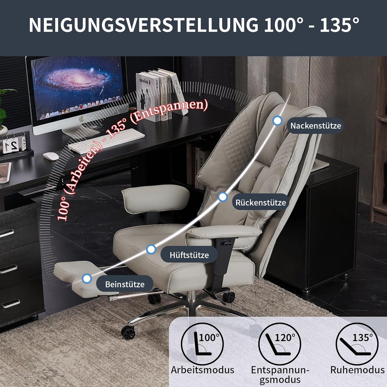 EXCEBET Chefsessel Bürostuhl Ergonomisch 200kg, Schreibtischstuhl mit Fußstütze und 14cm Taschenfederkern, Hochlehner aus Kratzfestem PU Leder, Drehstuhl mit Höhenverstellbaren Armlehnen (Hellgrau) – Bild 11