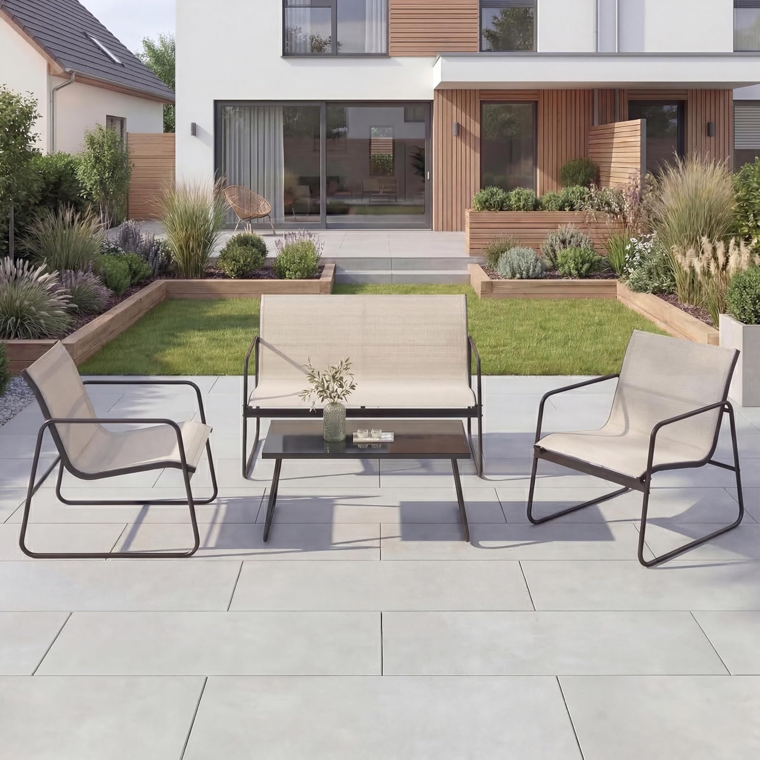 Grand patio Gartenmöbel Set 4-TLG, Textilene Balkonmöbel Set mit Tisch, Sofa und 2 Stühlen, Stahl, Sitzgruppefür Garten, Balkon, Außen (Beige) – Bild 6