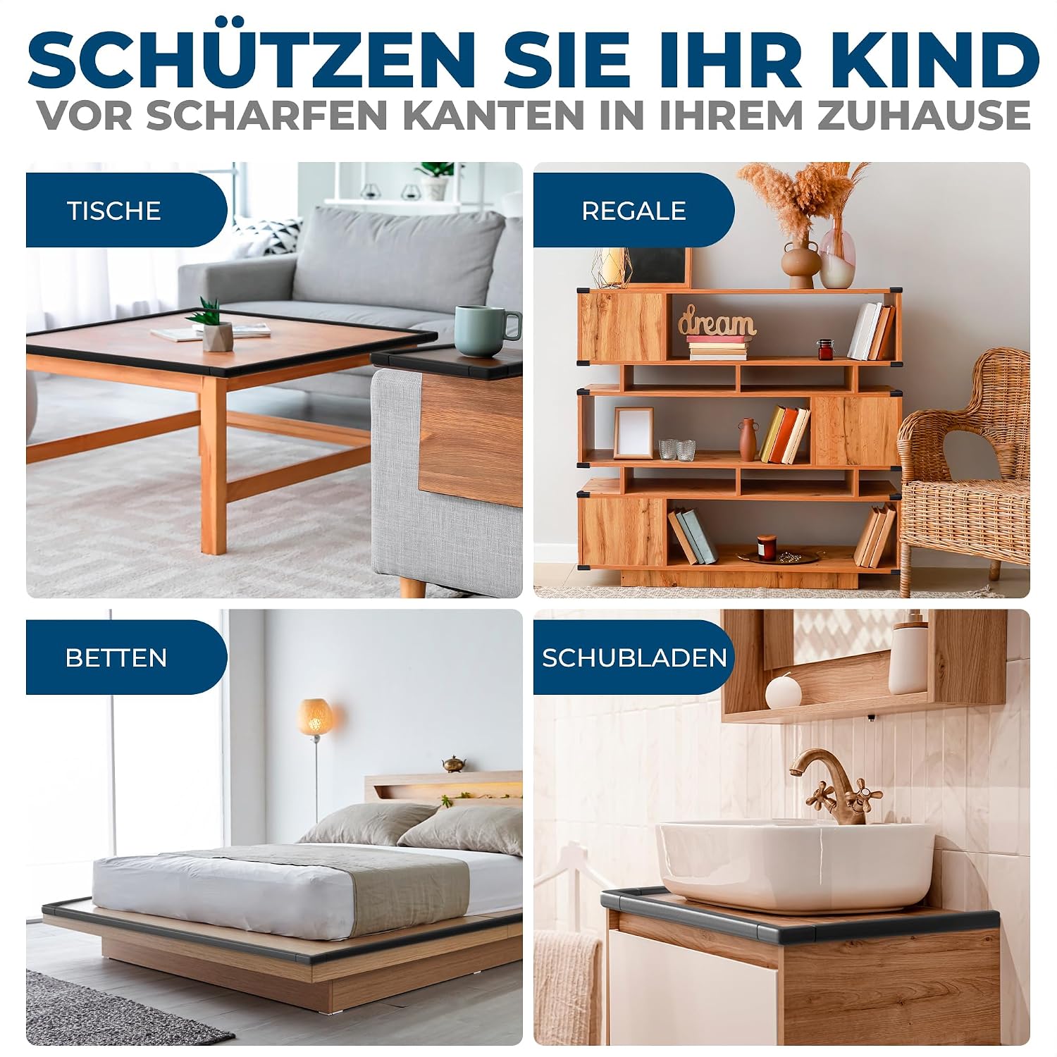 Hoffenbach Kantenschutz Baby aus Schaumstoff – 6,2m Tischkantenschutz & 12x Eckenschutz – Tischecken Kindersicherung – Selbstklebender Schutz für Kinder, Bett, Fensterbank & Schreibtisch – Schwarz – Bild 7