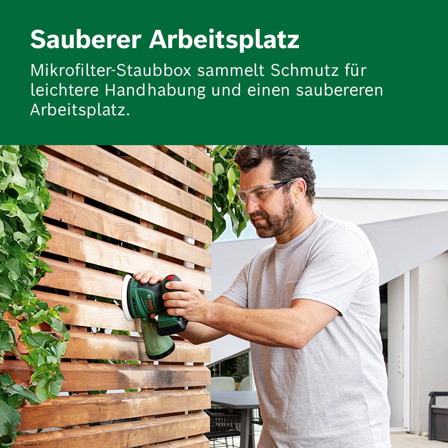 Bosch Akku-Exzenterschleifer EasyOrbit 18V-10 (Schleifen von kleinen bis mittelgroßen Holzoberflächen sowie lasierten und lackierten Oberflächen; Durchmesser: 125 mm; Akku 2.0Ah und Ladegerät) – Bild 4