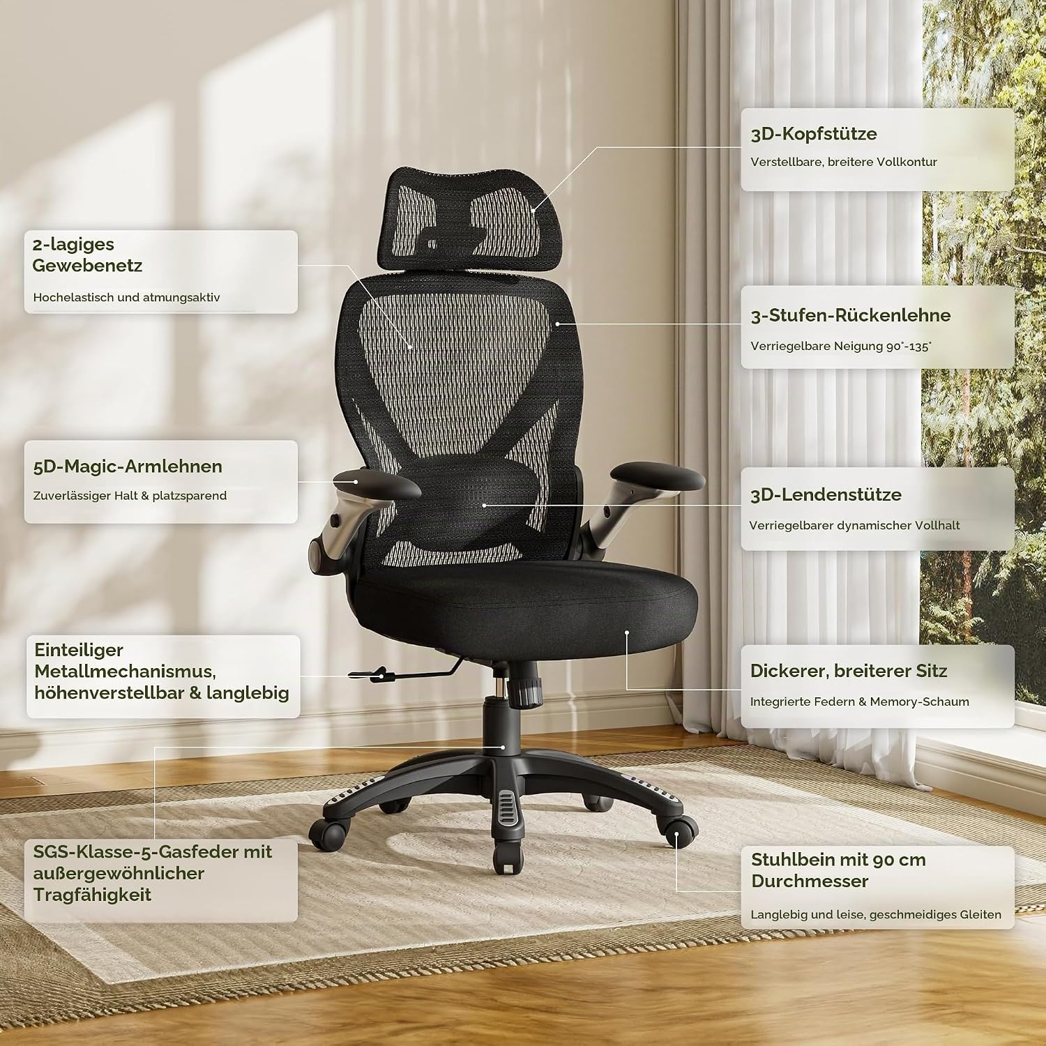 GABRYLLY Bürostuhl Ergonomisch, Ergonomischer Bürostühle mit Verstellbare Kopfstütze, Neigungsfunktion, Armlehnen, Ergonomic Office Desk Chair, Gaming Stuhl, Computerstuhl (Mitternachtsschwarz) – Bild 3