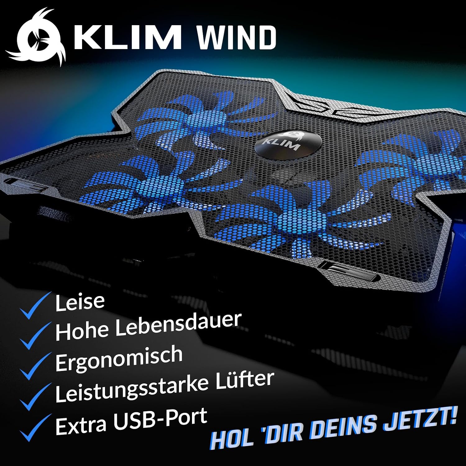 KLIM® Wind Laptop Kühler - Mehr als 500 000 verkaufte Einheiten - NEU - Leistungsstark - Schneller Kühlvorgang - 4 Lüfter PC Notebook PS4 Belüfteter Laptop Ständer - Blau – Bild 2
