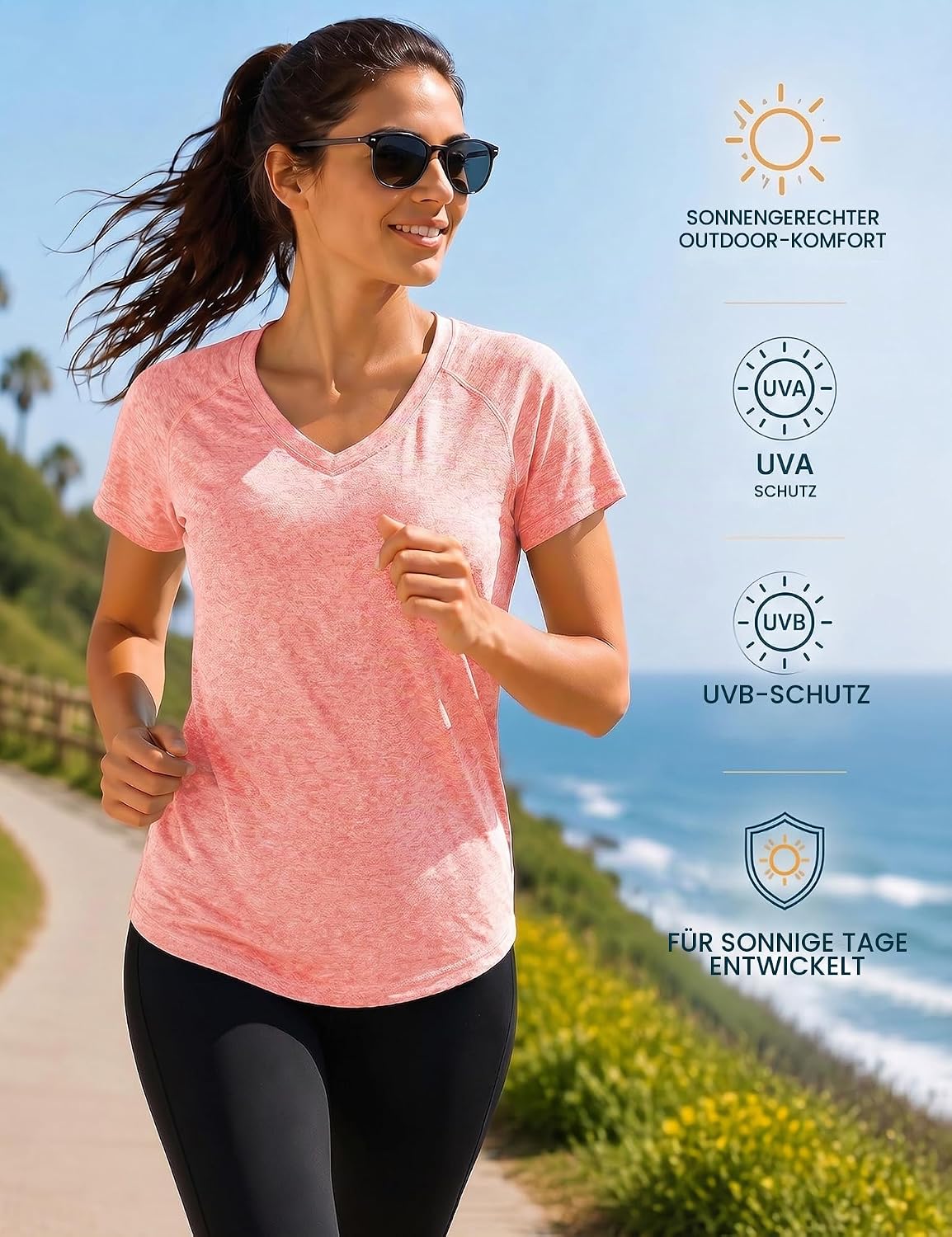 UV Sportshirt Damen Kurzarm V-Ausschnitt Sommer T-Shirts Mesh Rücken – Bild 3